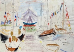 Mid-20th Century Post-Impressionist Pastel Drawing of Colourful Marina Scene
