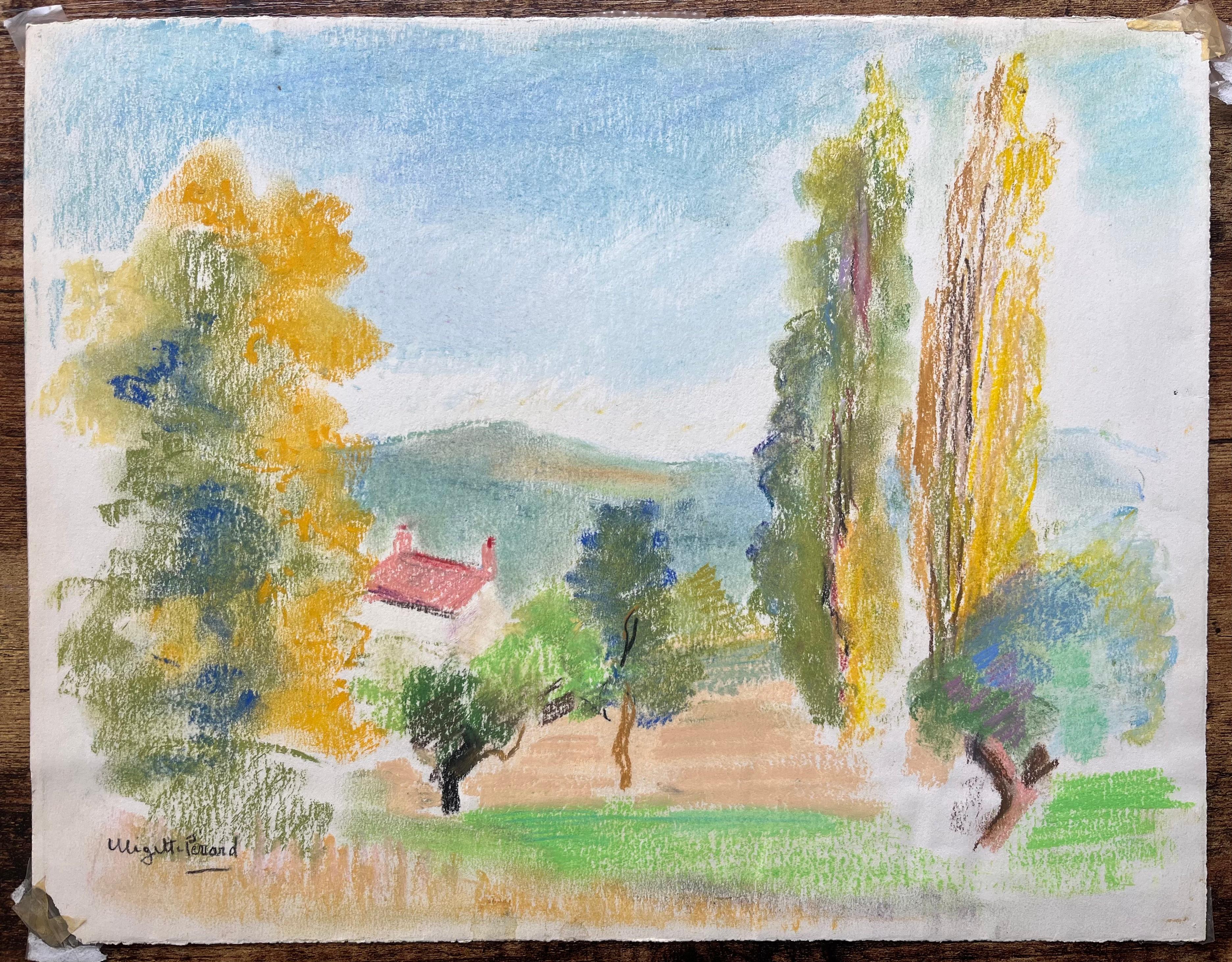 Paysage post-impressionniste Pastel de La Bourboule France, milieu du 20e siècle - Painting de Anne Marie Migette Perard