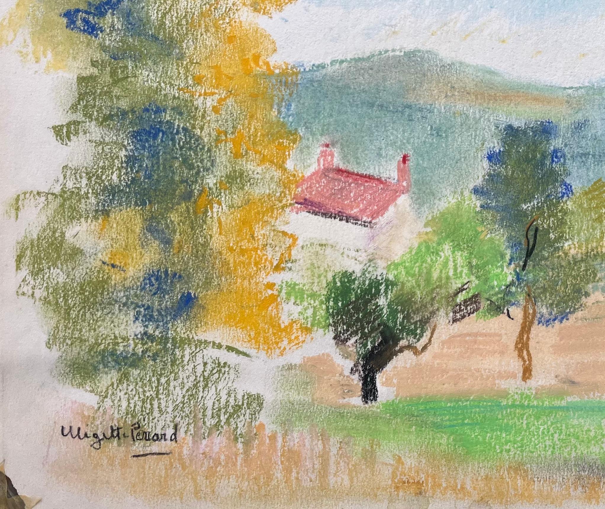 Paysage post-impressionniste Pastel de La Bourboule France, milieu du 20e siècle - Post-impressionnisme Painting par Anne Marie Migette Perard