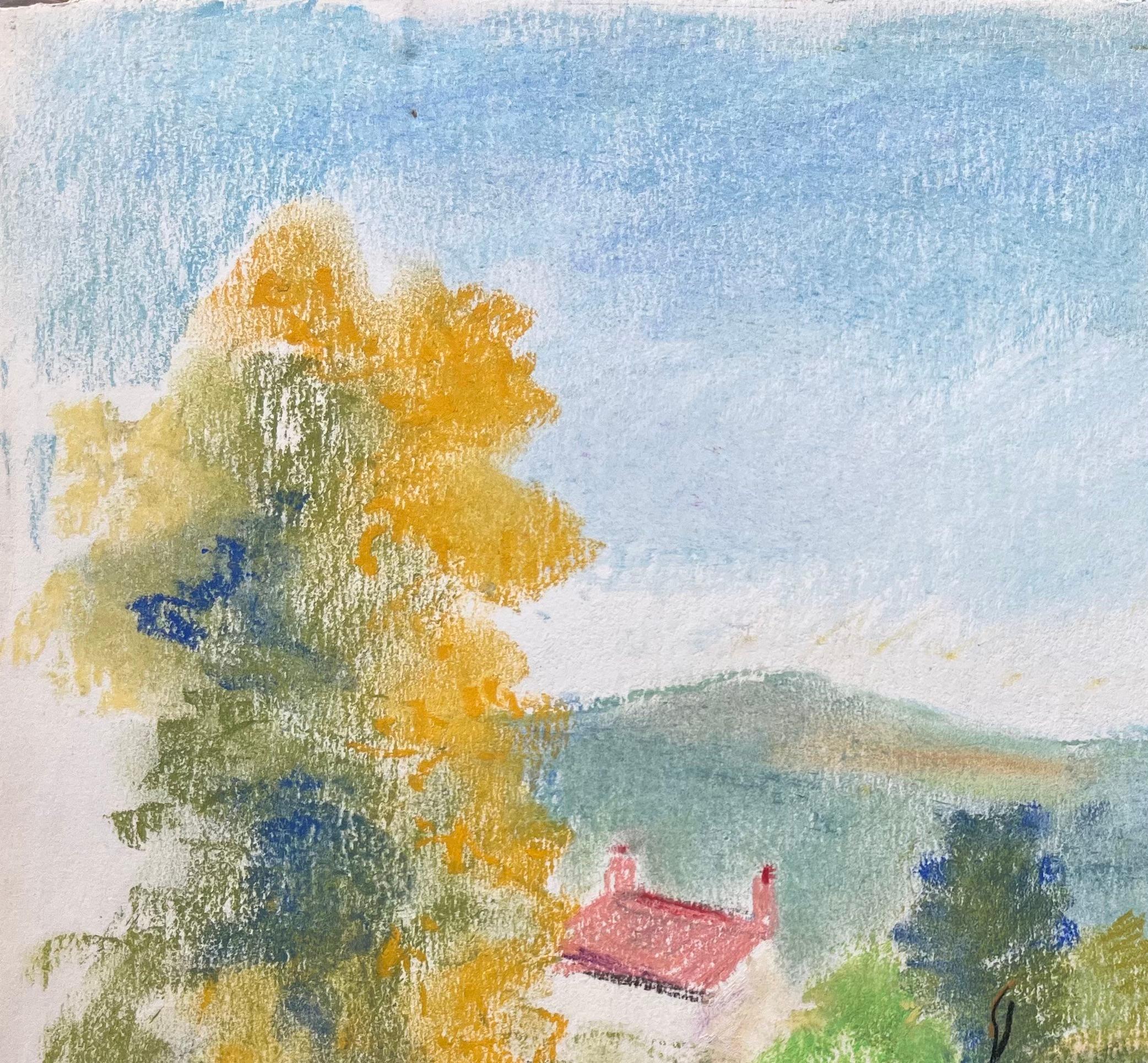 Paysage post-impressionniste Pastel de La Bourboule France, milieu du 20e siècle - Gris Figurative Painting par Anne Marie Migette Perard