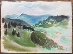 Paisaje al pastel postimpresionista de mediados del siglo XX de los Montes Vosgos