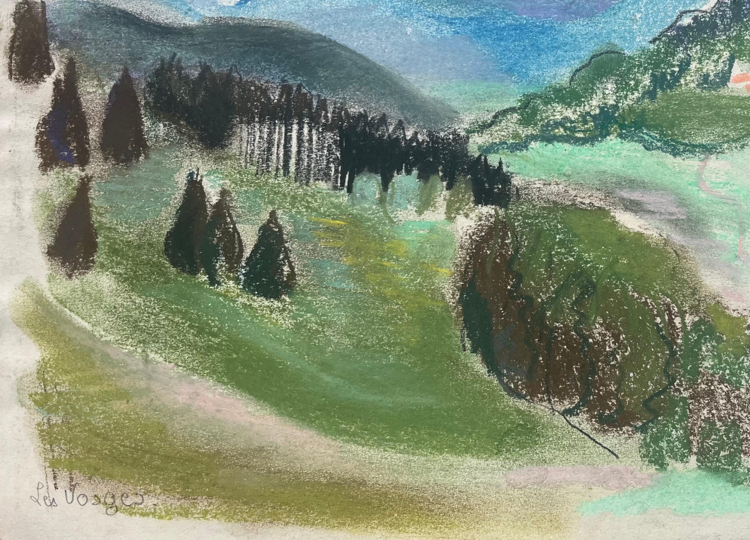 Titel: Postimpressionistische Pastell-Landschaft der Vogesen aus der Mitte des 20.
von Anne-Marie Migette Perard (Französisch 1902-1977)
Unterschrieben: Ja
Medium: Pastell auf ungerahmtem Papier
Größe: 10,75 Zoll (Höhe) x 14,5 Zoll (Breite)
Zustand: