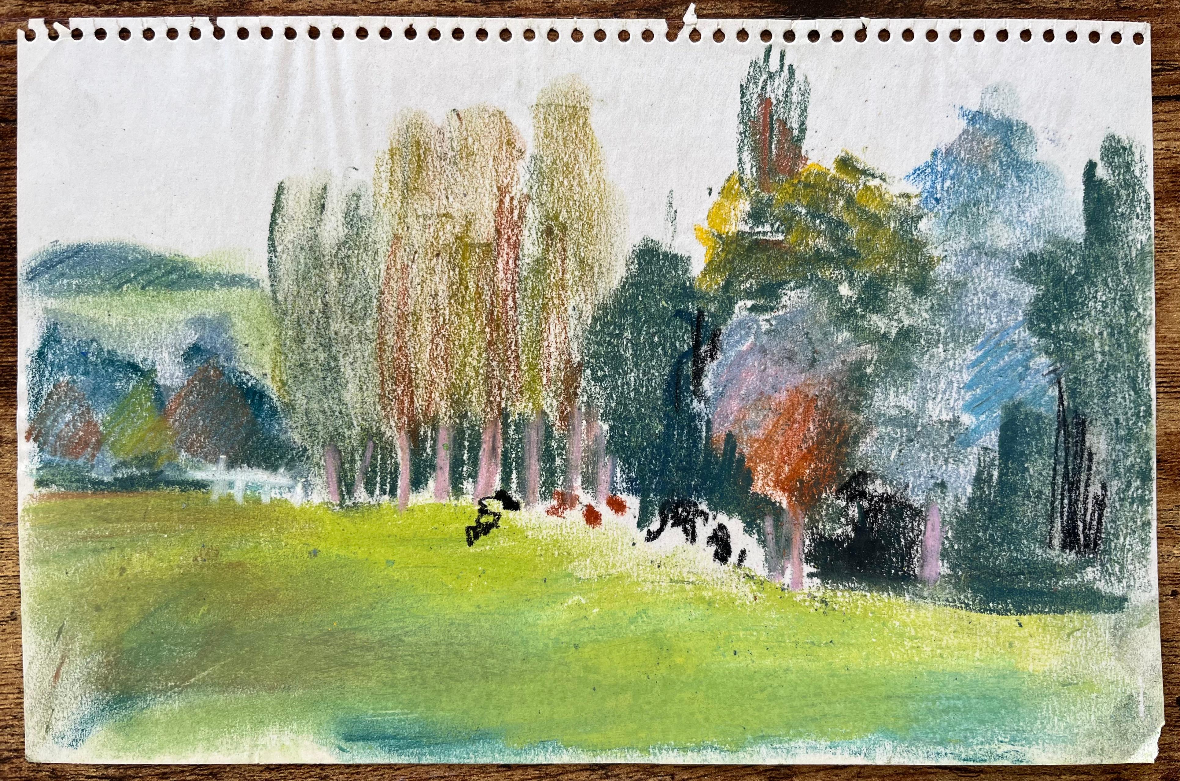 Paesaggio a pastello post-impressionista della metà del XX secolo con mucche al pascolo - Painting di Anne Marie Migette Perard