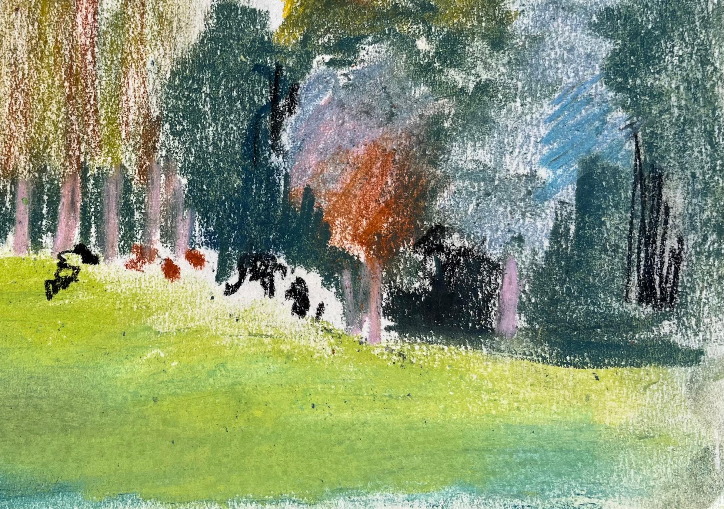 Paesaggio a pastello post-impressionista della metà del XX secolo con mucche al pascolo - Landscape Painting Marrone di Anne Marie Migette Perard
