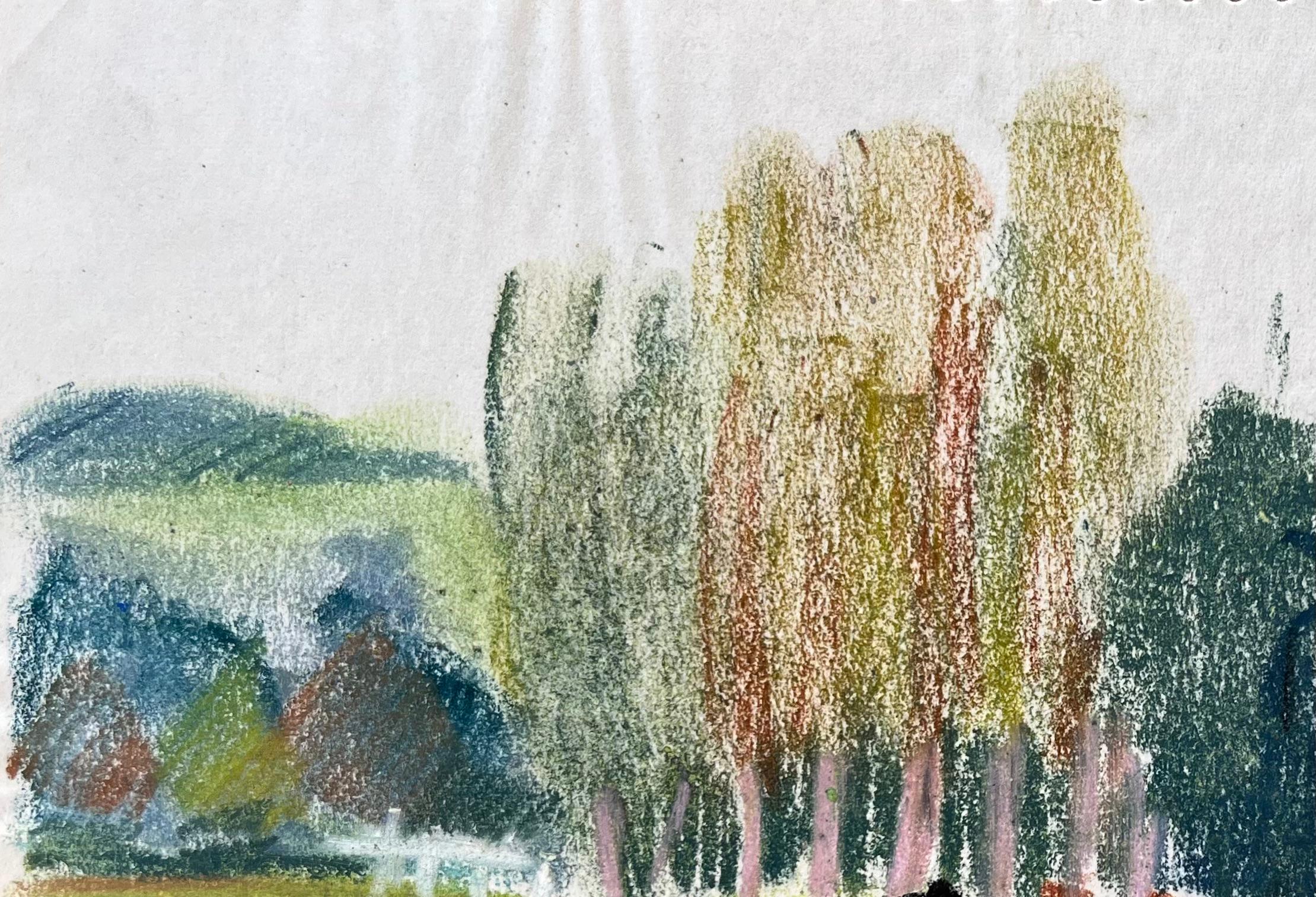 Titolo: Paesaggio a pastello post-impressionista della metà del XX secolo con mucche al pascolo
di Anne Marie Migette Perard (francese, 1902-1977)
Medio: Pastello su carta non incorniciata
Dimensioni: 6,25 pollici (altezza) x 9,5 pollici