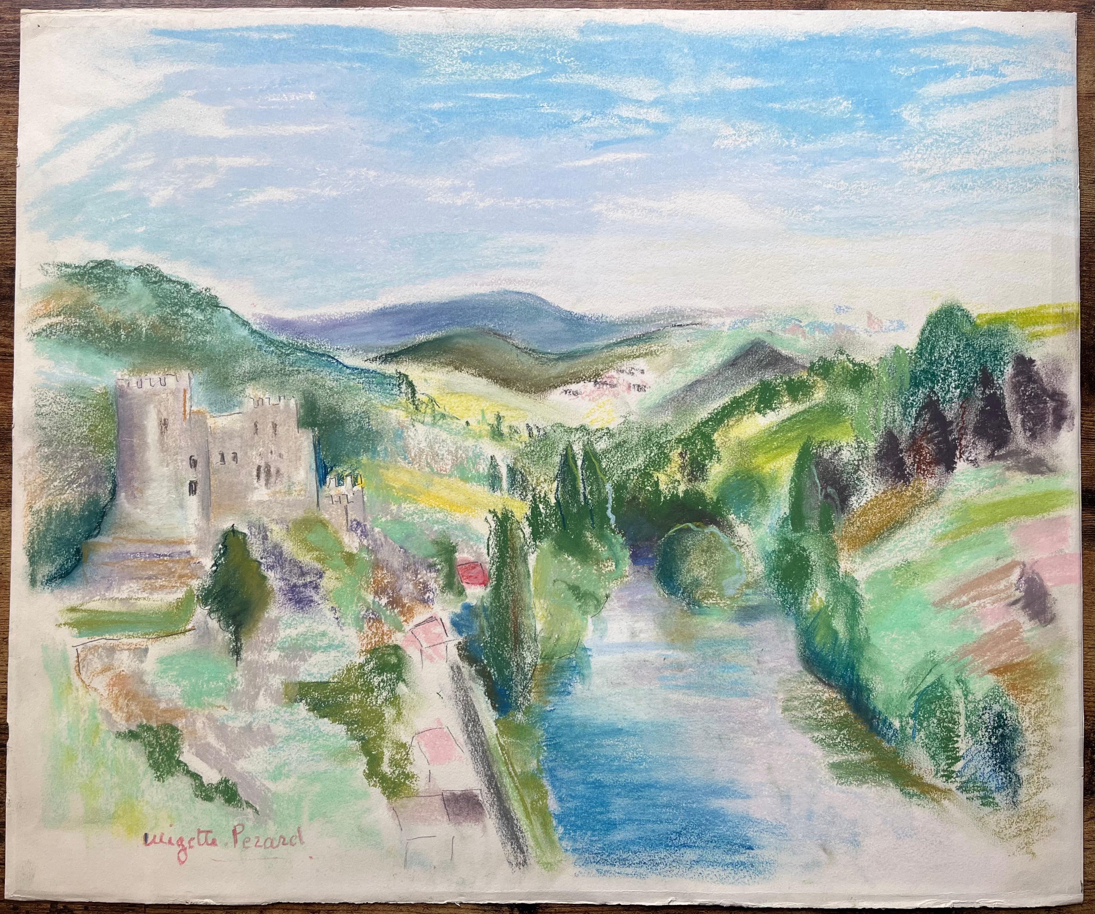 Paesaggio a pastello post-impressionista della metà del XX secolo con fiume e castello - Painting di Anne Marie Migette Perard