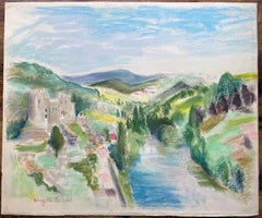 Mid-20th Century Post-Impressionist Pastel Landscape with River and Castle