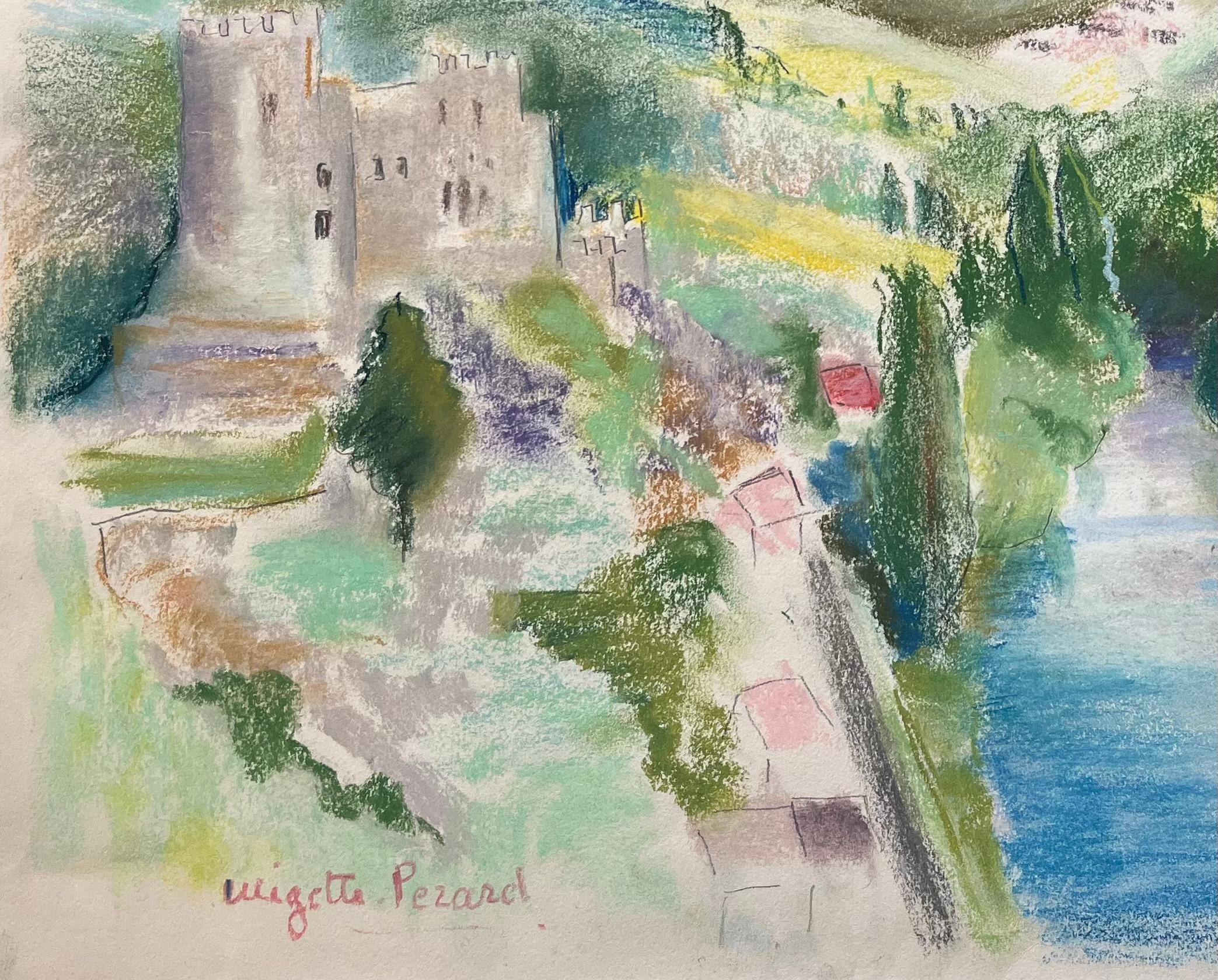 Paesaggio a pastello post-impressionista della metà del XX secolo con fiume e castello - Painting Postimpressionismo di Anne Marie Migette Perard