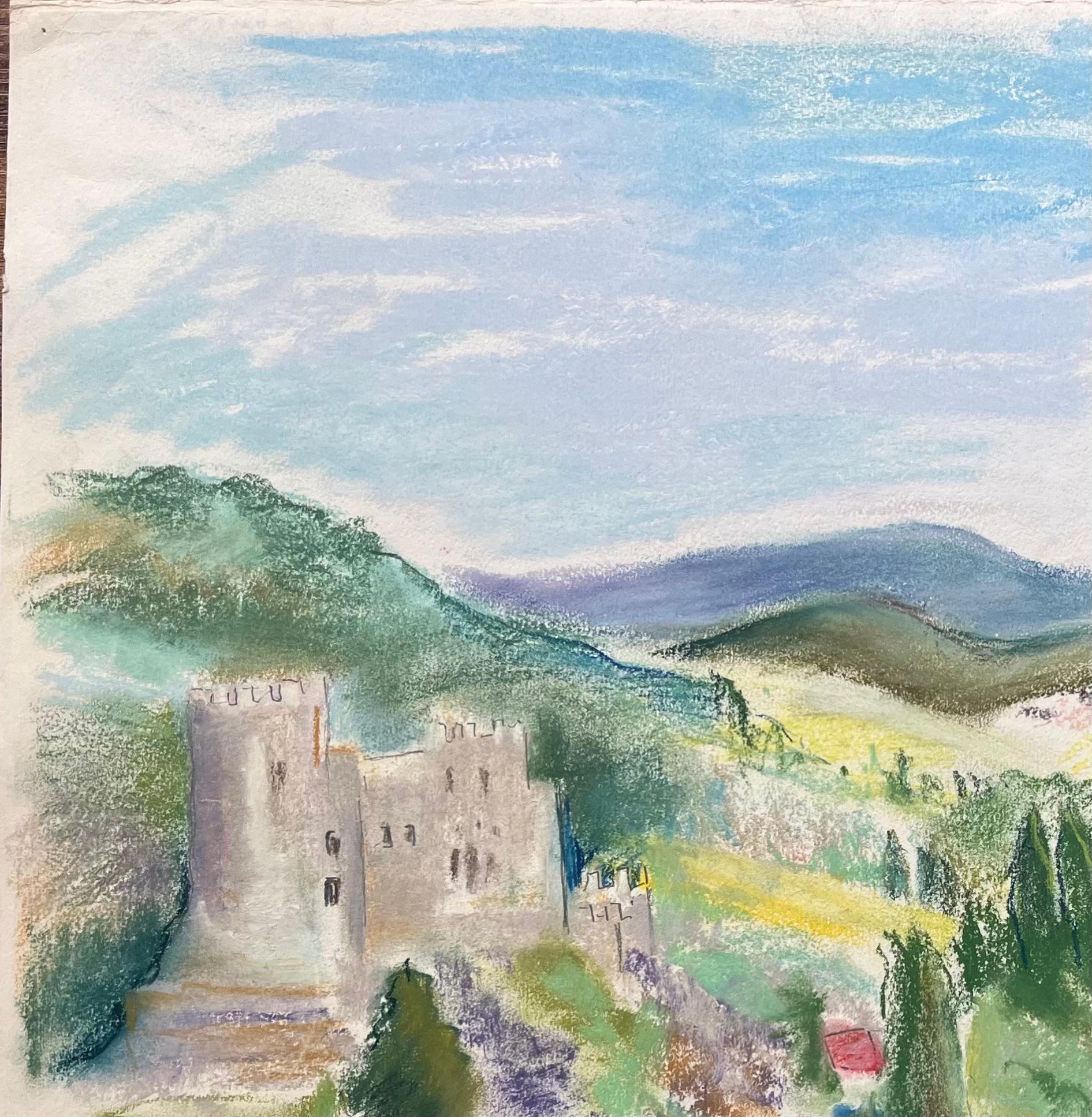 Titolo:  Paesaggio a pastello post-impressionista della metà del XX secolo con fiume e castello
di Anne Marie Migette Perard (francese, 1902-1977)
Firmato: Yes One
Medio: Pastello su carta non incorniciata
Dimensioni: 18,25 pollici (altezza) x 21,75