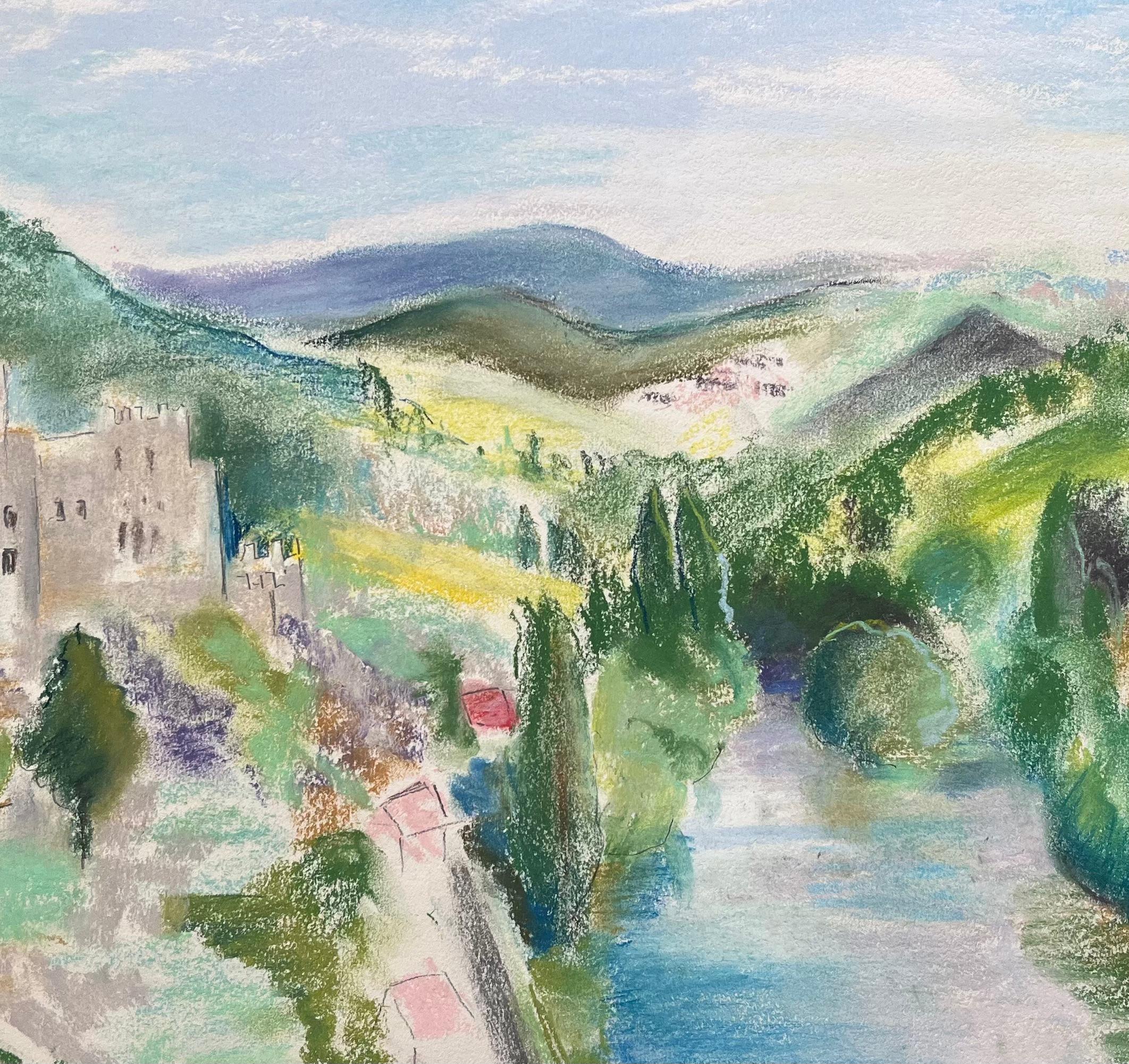 Paesaggio a pastello post-impressionista della metà del XX secolo con fiume e castello in vendita 2