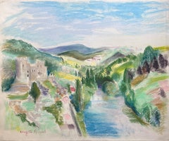 Mid-20th Century Post-Impressionist Pastel Landscape with River and Castle