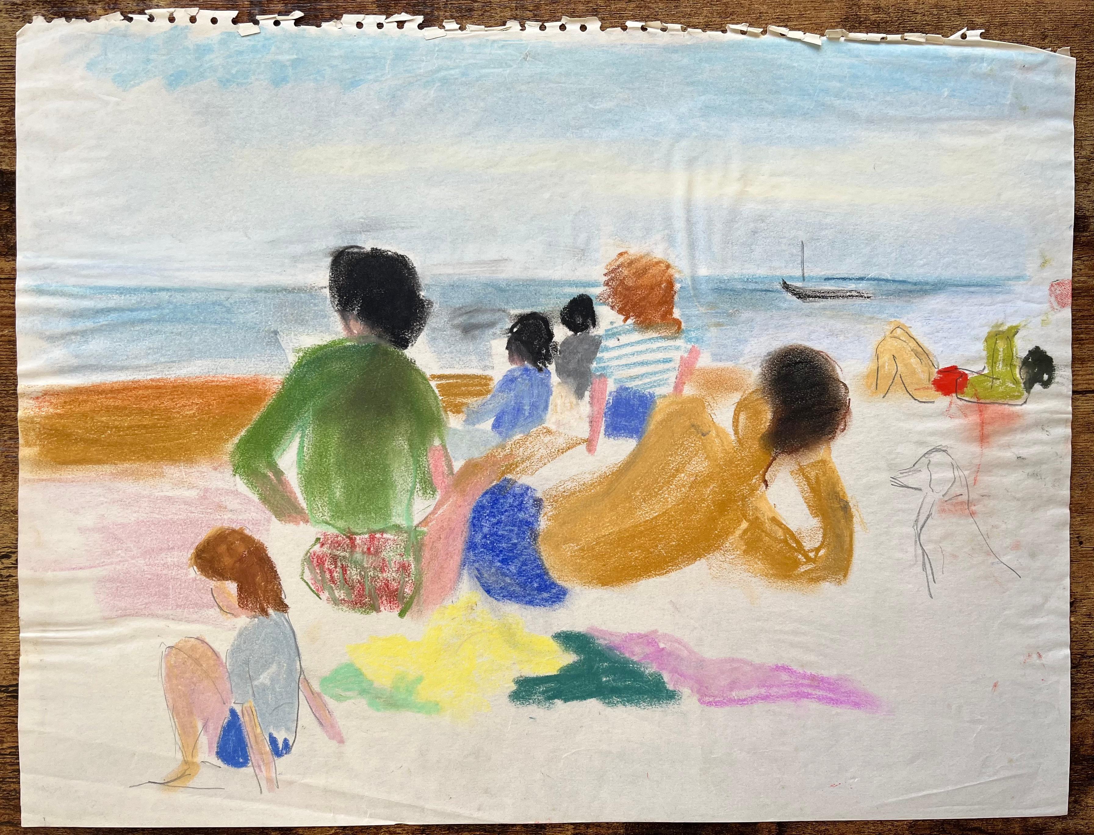 Pastello post-impressionista della metà del XX secolo raffigurante dei bagnanti con barca a vela - Painting di Anne Marie Migette Perard