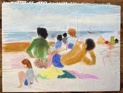 Mid-20th Century Post-Impressionist Pastel of Beachgoers with Sailboat
