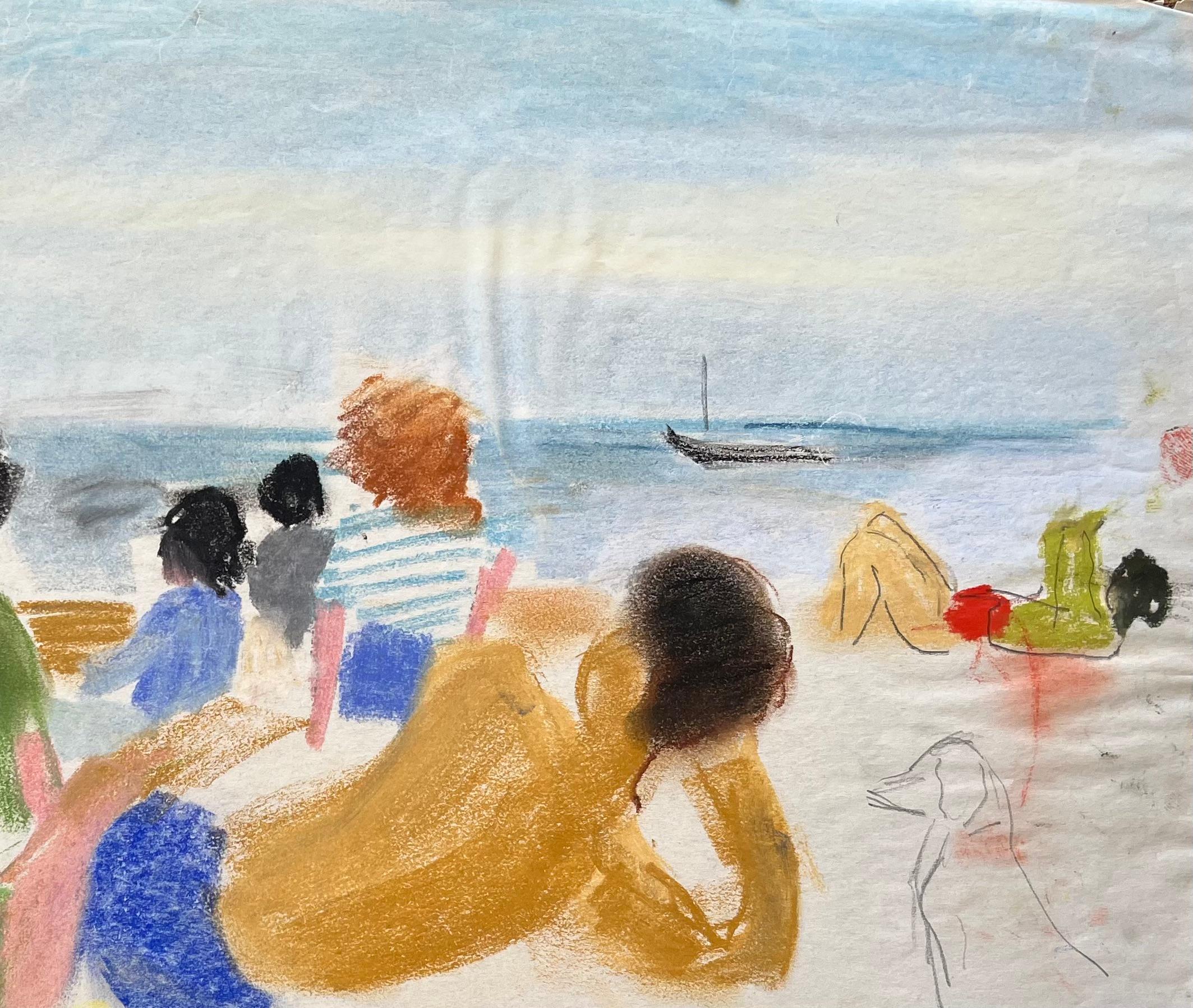Pastello post-impressionista della metà del XX secolo raffigurante dei bagnanti con barca a vela - Figurative Painting Grigio di Anne Marie Migette Perard