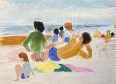 Pastel post-impressionniste du milieu du 20e siècle représentant des passants de plage avec un voilier