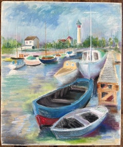 Mid-20th Century Post-Impressionist Pastel of Boats Moored at a French Harbour