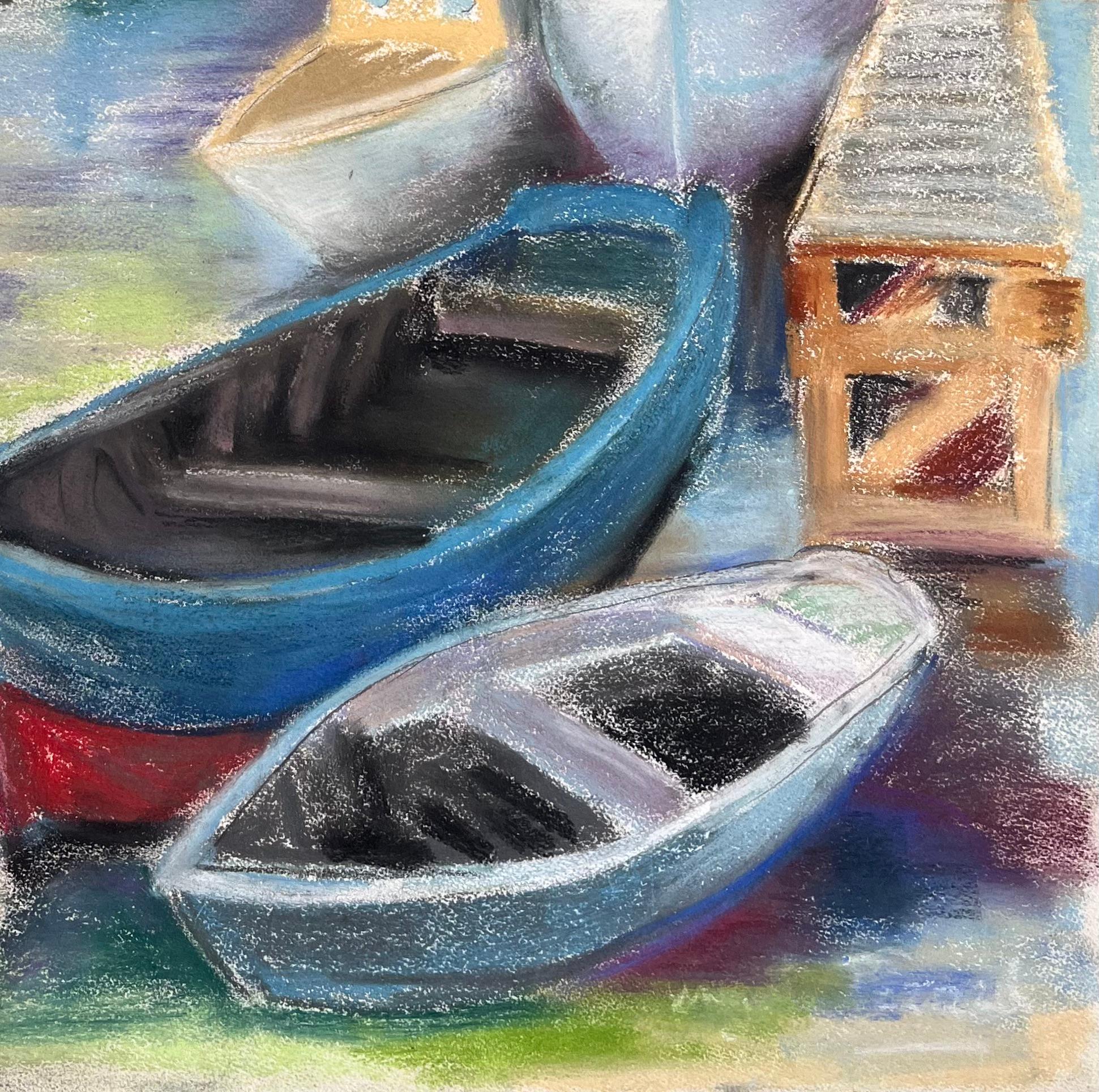 Pastello post-impressionista della metà del XX secolo raffigurante barche ormeggiate in un porto francese - Painting Postimpressionismo di Anne Marie Migette Perard
