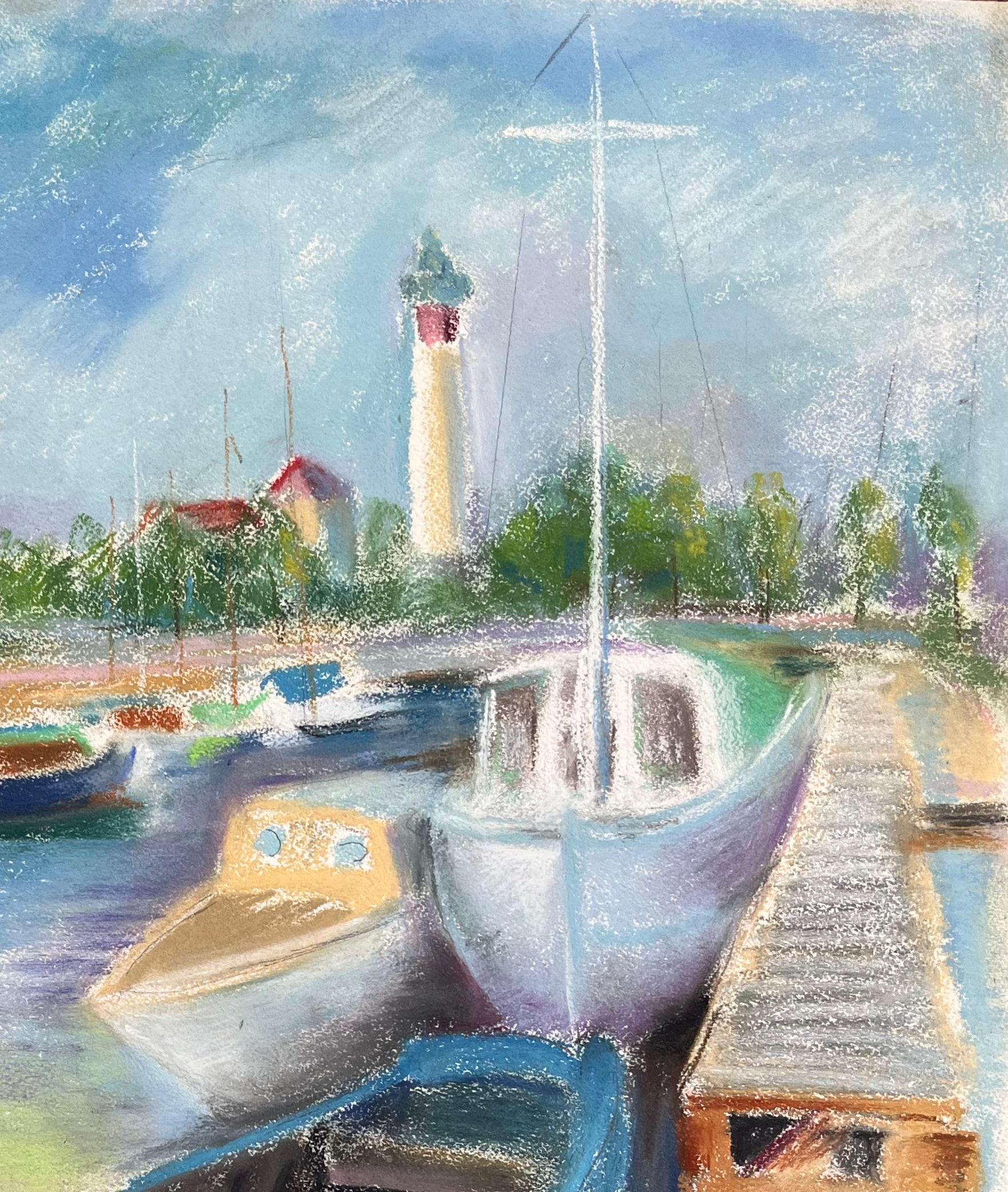 Pastello post-impressionista della metà del XX secolo raffigurante barche ormeggiate in un porto francese - Figurative Painting Grigio di Anne Marie Migette Perard
