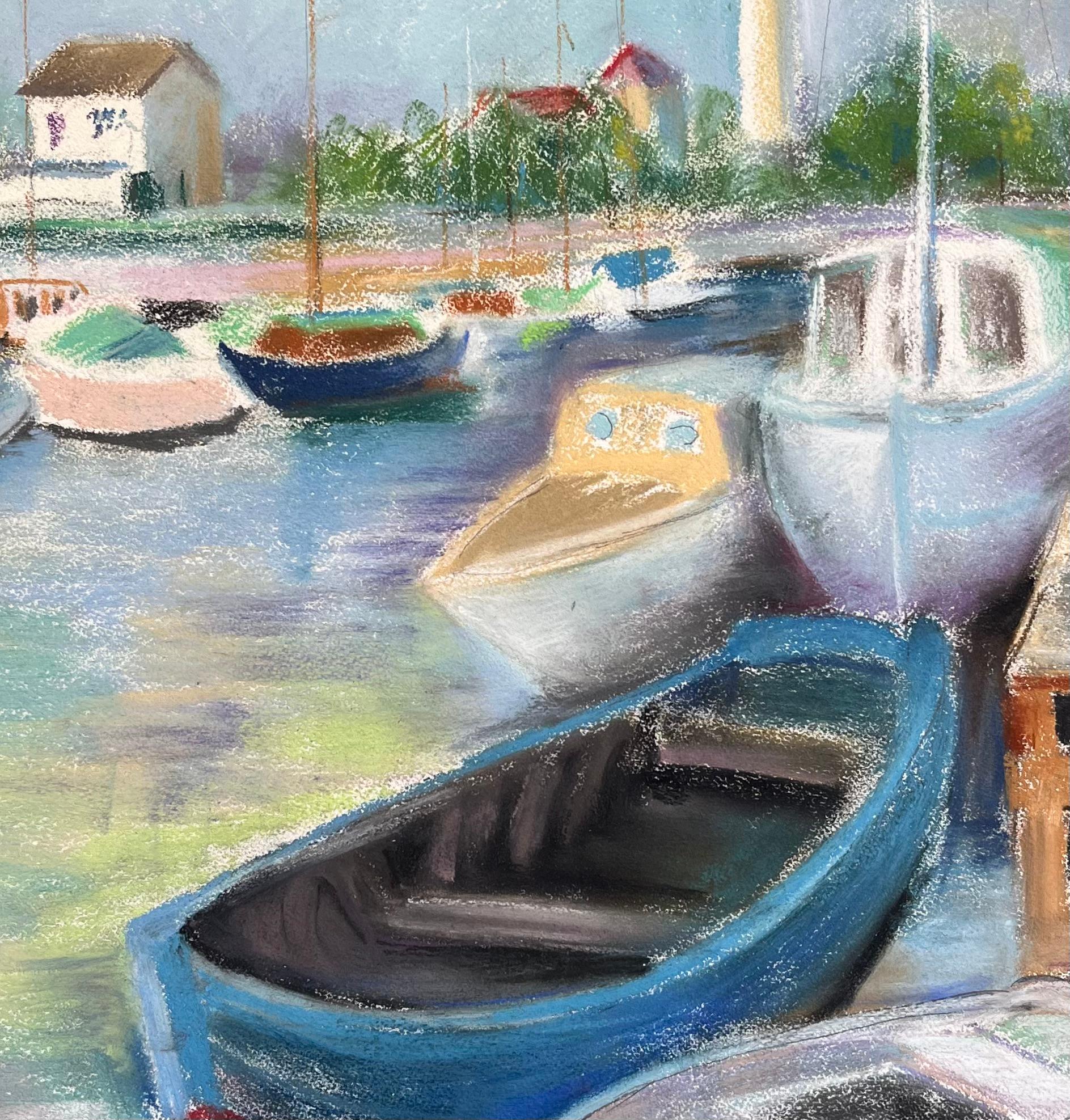 Pastello post-impressionista della metà del XX secolo raffigurante barche ormeggiate in un porto francese in vendita 2