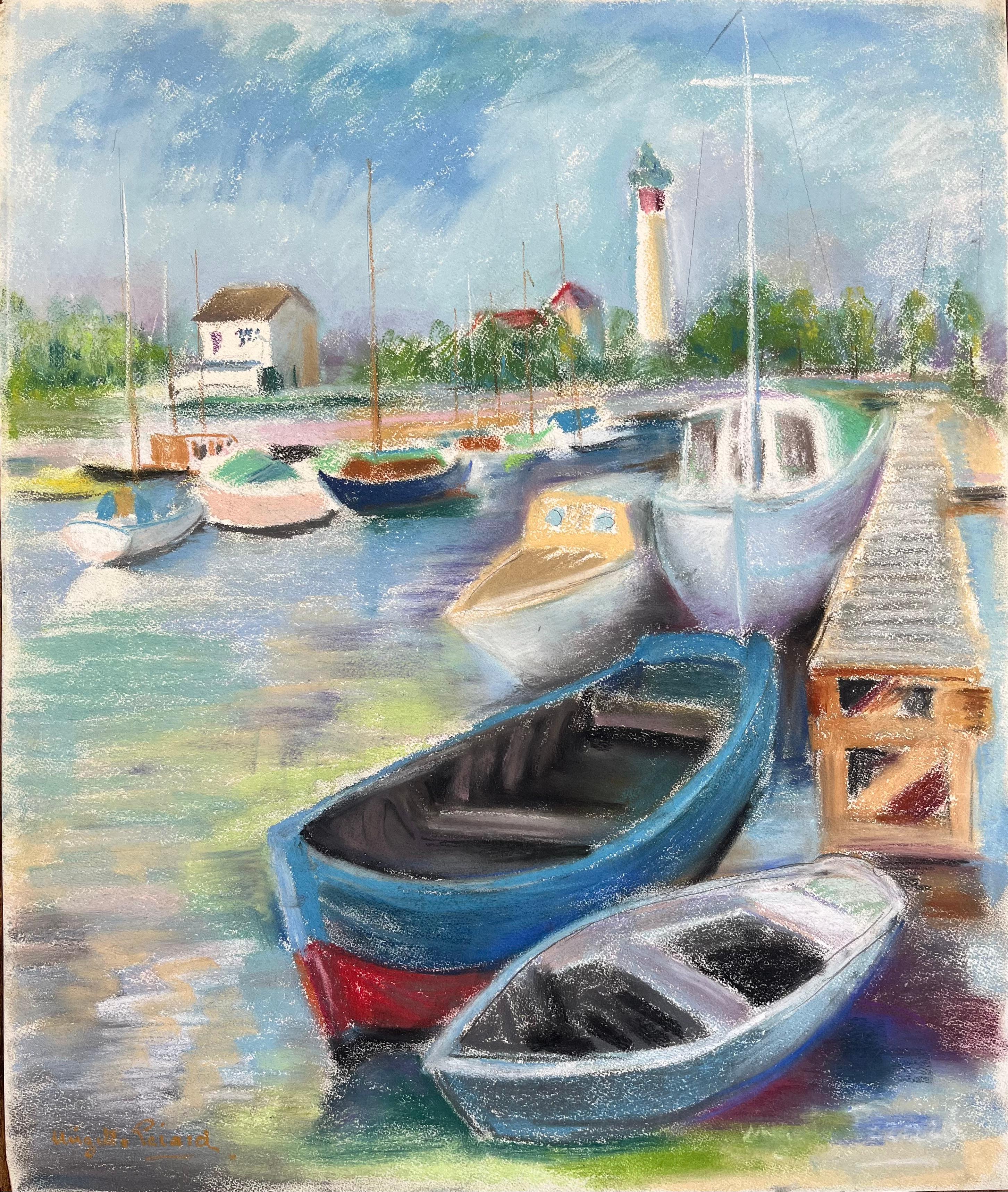 Figurative Painting di Anne Marie Migette Perard - Pastello post-impressionista della metà del XX secolo raffigurante barche ormeggiate in un porto francese