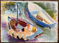 Mid-20th Century Post-Impressionist Pastel of Colourful Docked Boats