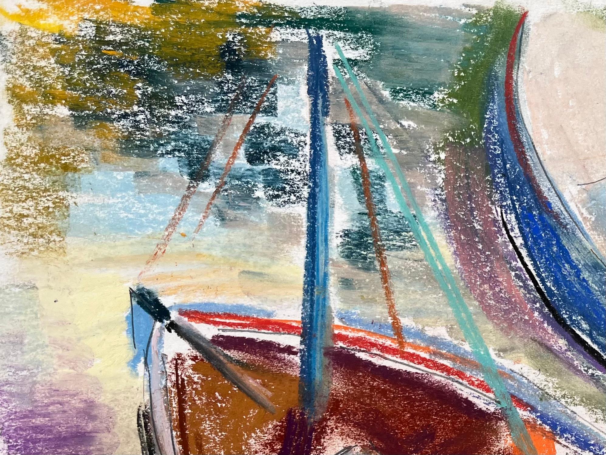 Pastello post-impressionista della metà del 20° secolo con barche colorate attraccate - Painting Postimpressionismo di Anne Marie Migette Perard