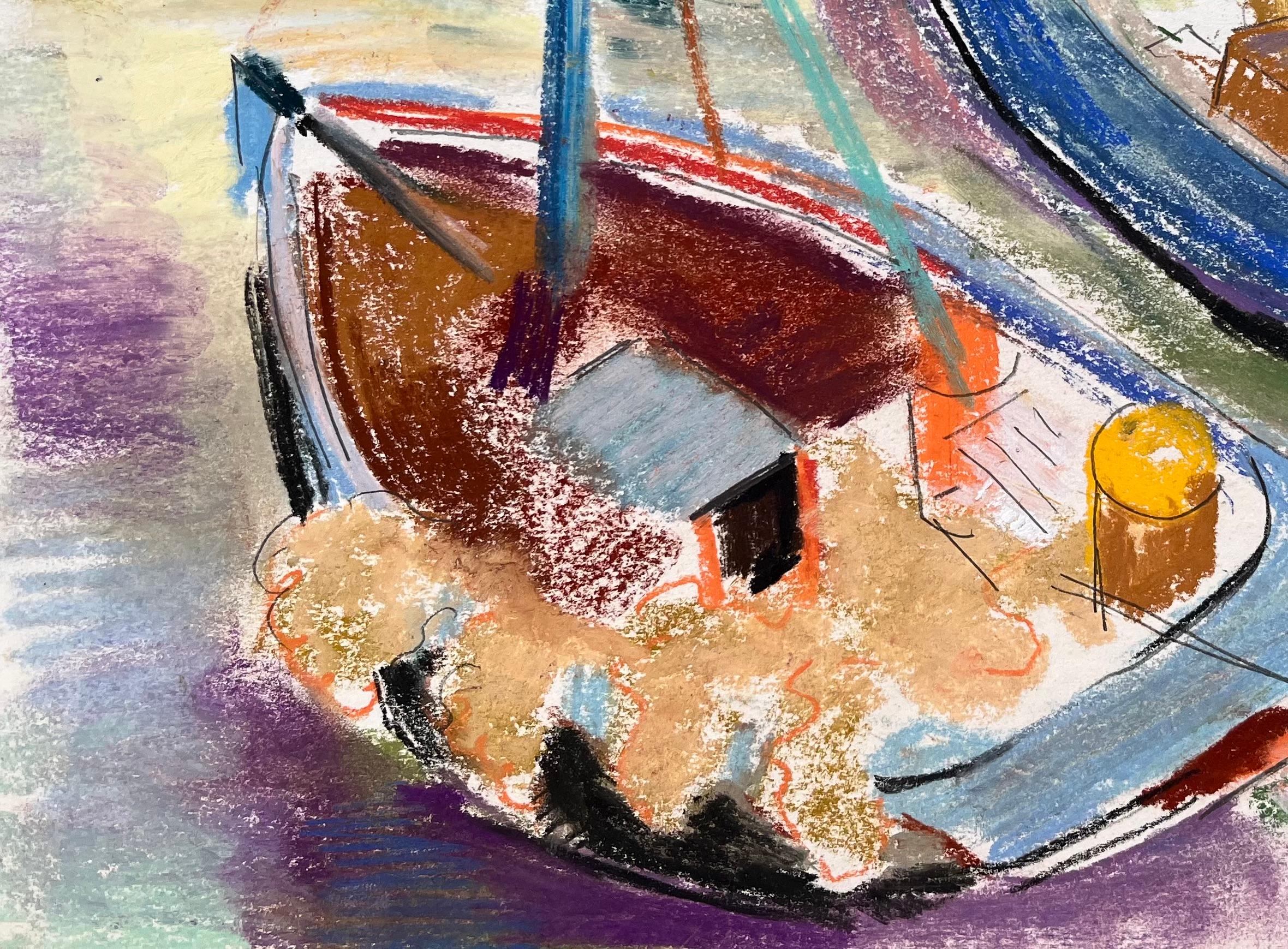 Titolo: Pastello post-impressionista della metà del XX secolo raffigurante barche colorate attraccate
di Anne Marie Migette Perard (francese, 1902-1977)
Medio: Pastello su carta non incorniciata
Dimensioni: 10,75 pollici (altezza) x 14,5 pollici