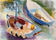 Vintage Mid-20th Century Post-Impressionist Pastel of Colourful Docked Boats
