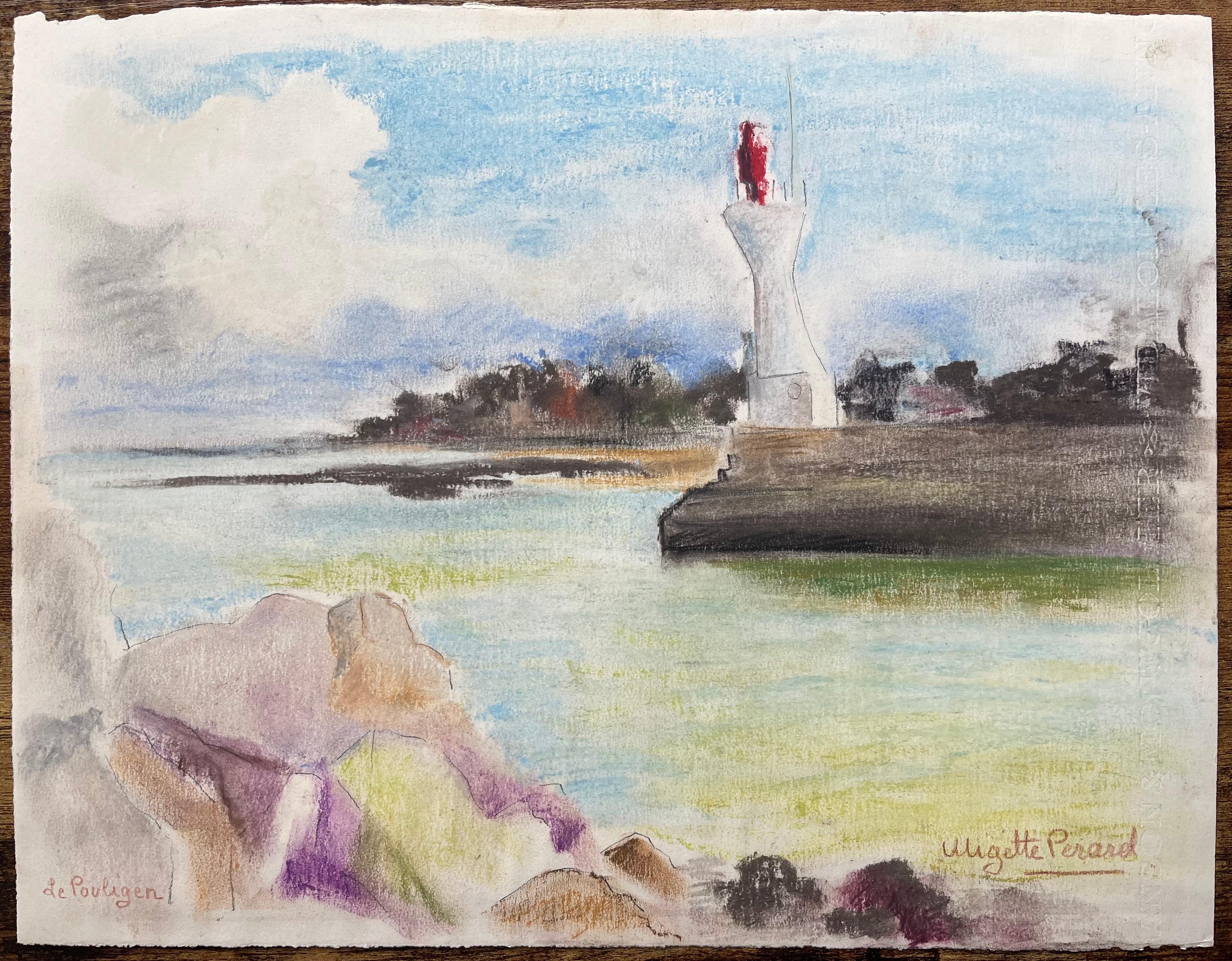Pastel postimpresionista de mediados del siglo XX del faro de Le Pouliguen Francia - Painting de Anne Marie Migette Perard