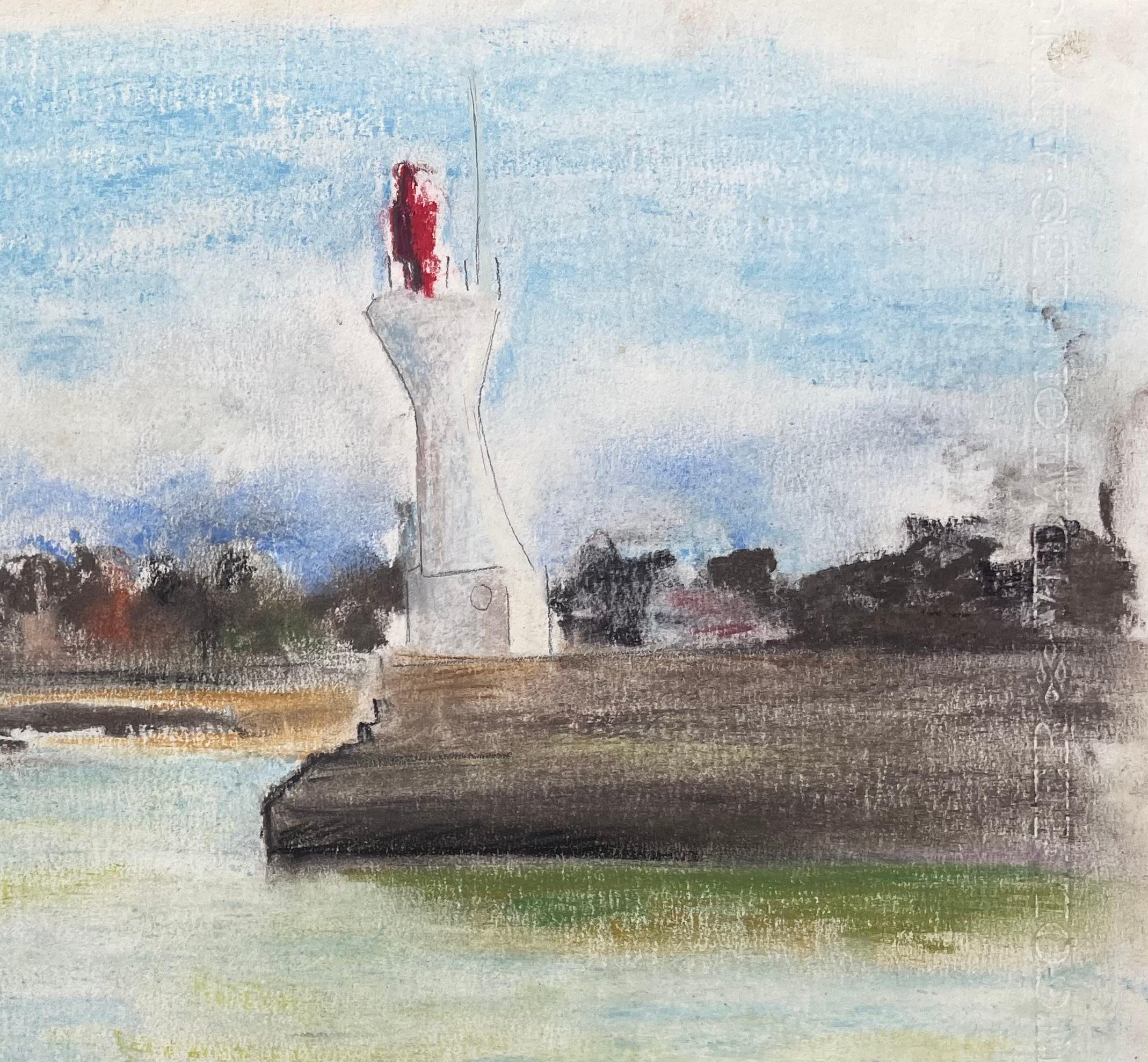 Pastel postimpresionista de mediados del siglo XX del faro de Le Pouliguen Francia - Painting Posimpresionista de Anne Marie Migette Perard