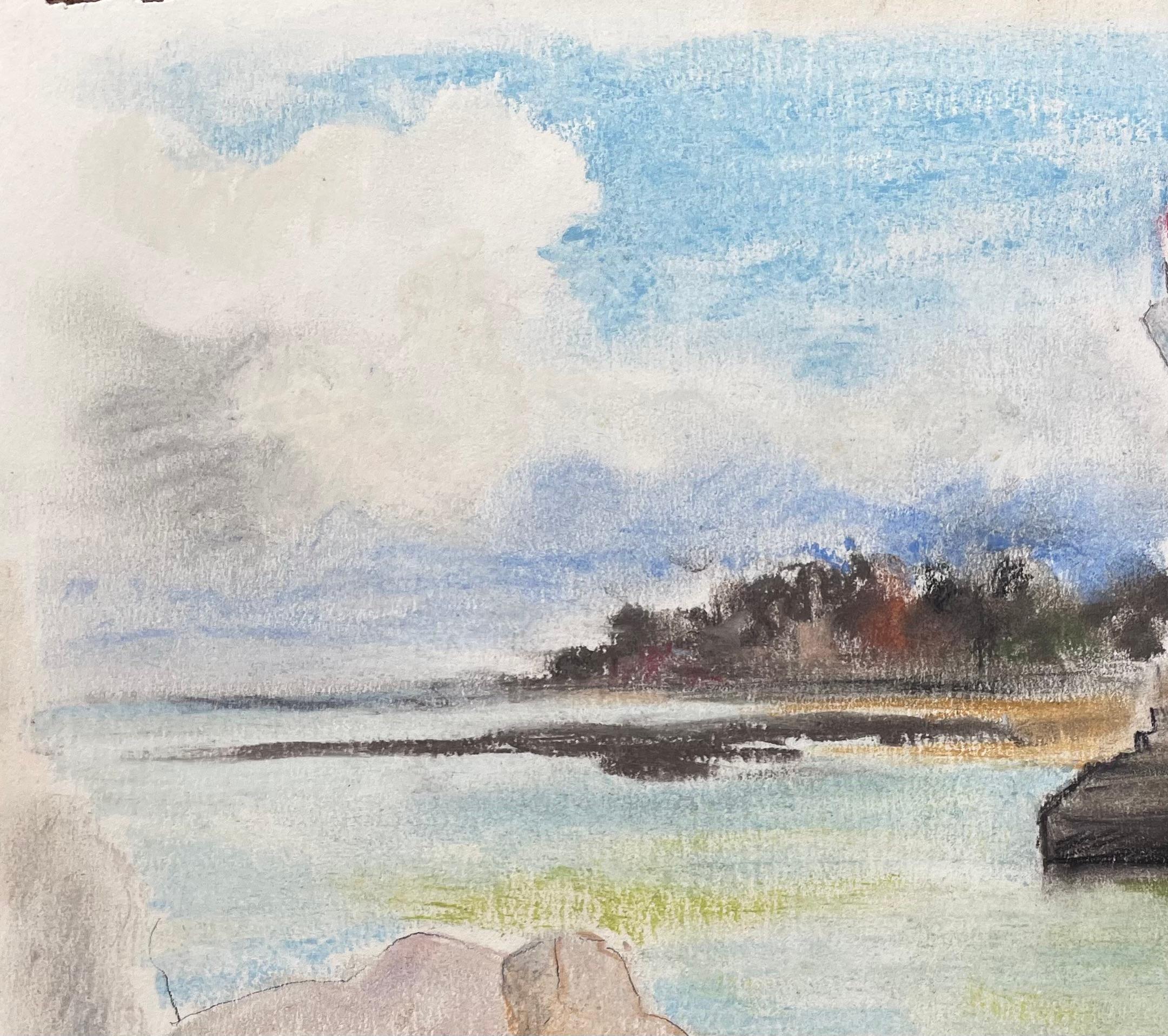 Pastel postimpresionista de mediados del siglo XX del faro de Le Pouliguen Francia - Landscape Painting Gris de Anne Marie Migette Perard