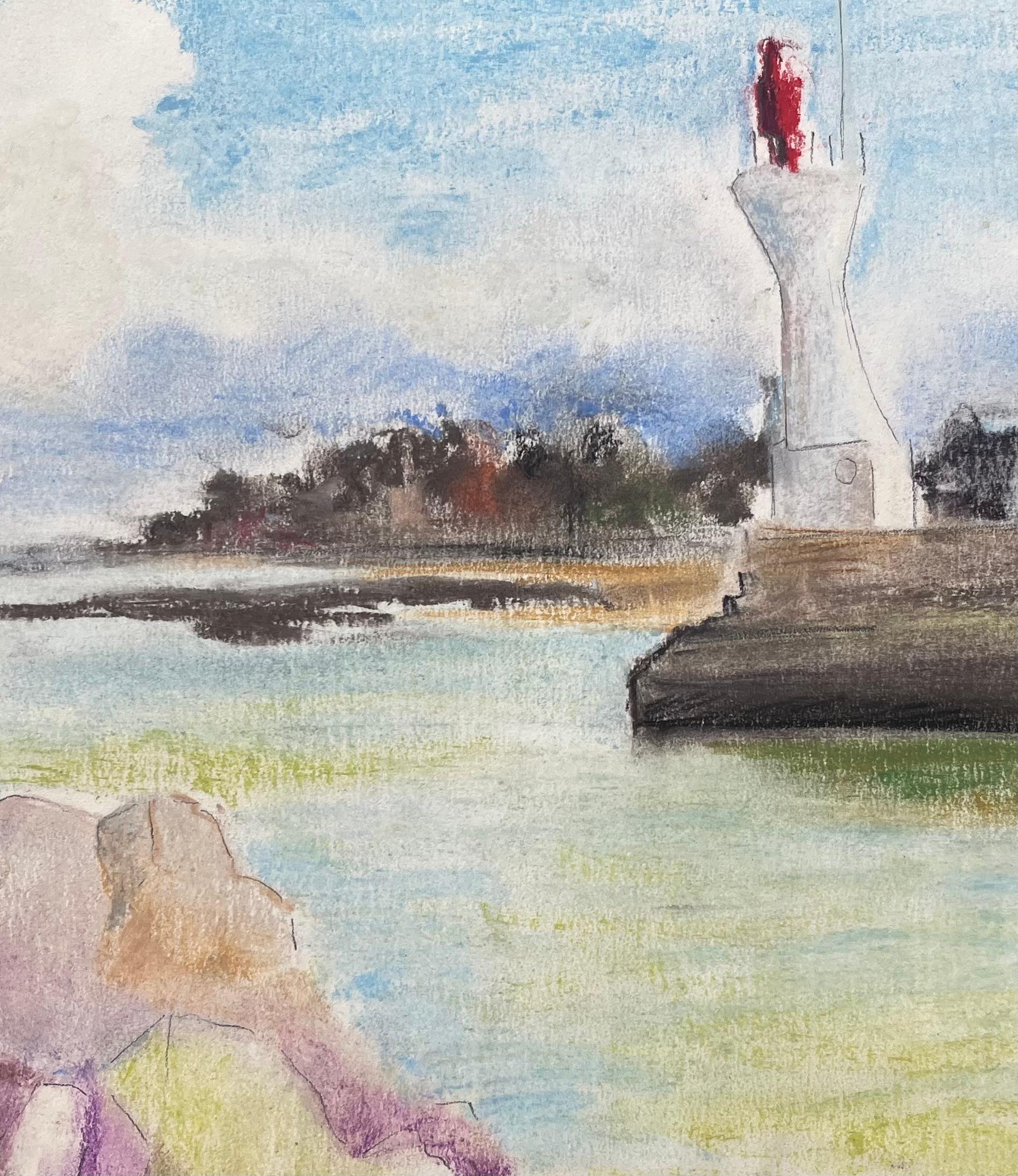 Pastel postimpresionista de mediados del siglo XX del faro de Le Pouliguen Francia en venta 2