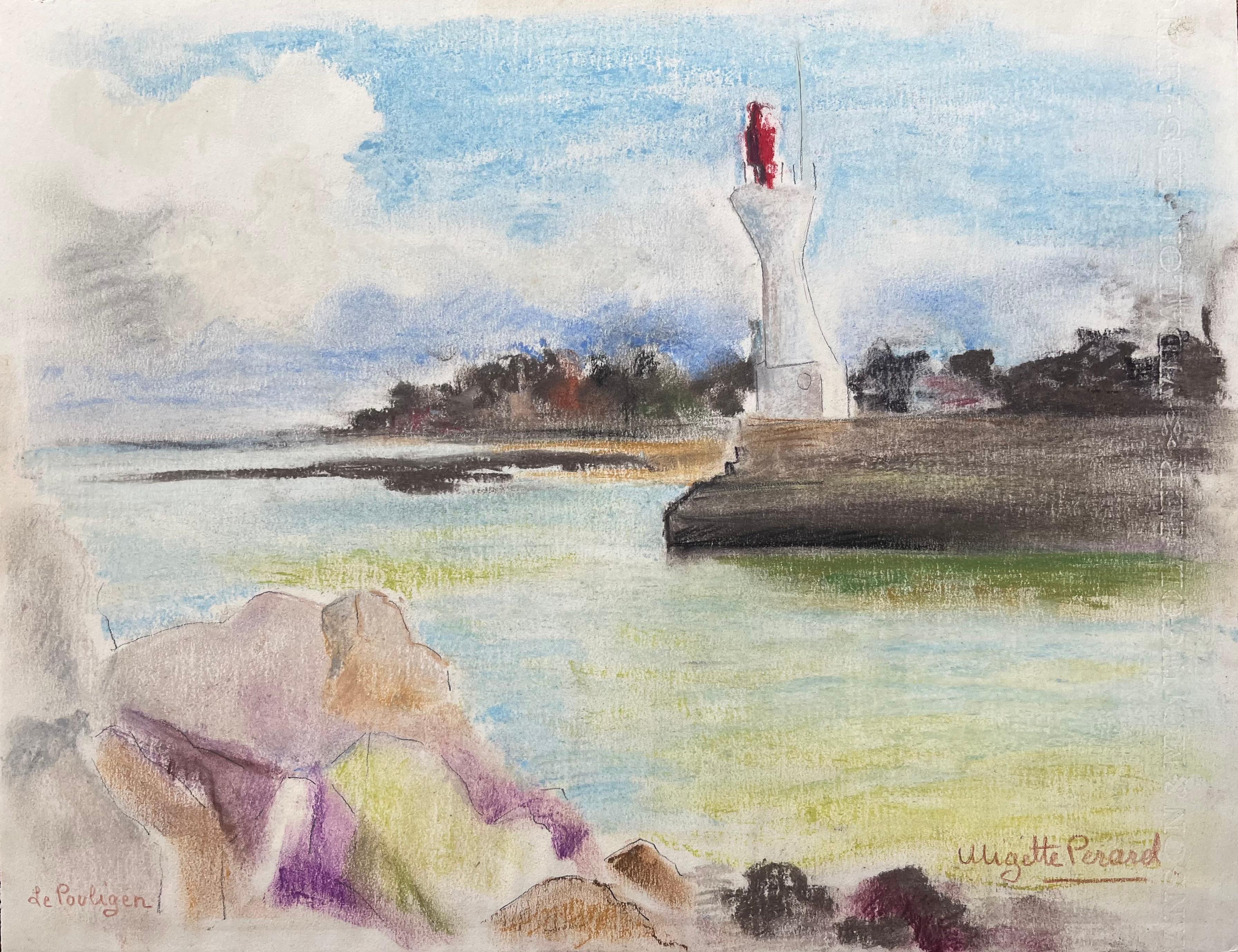 Landscape Painting de Anne Marie Migette Perard - Pastel postimpresionista de mediados del siglo XX del faro de Le Pouliguen Francia