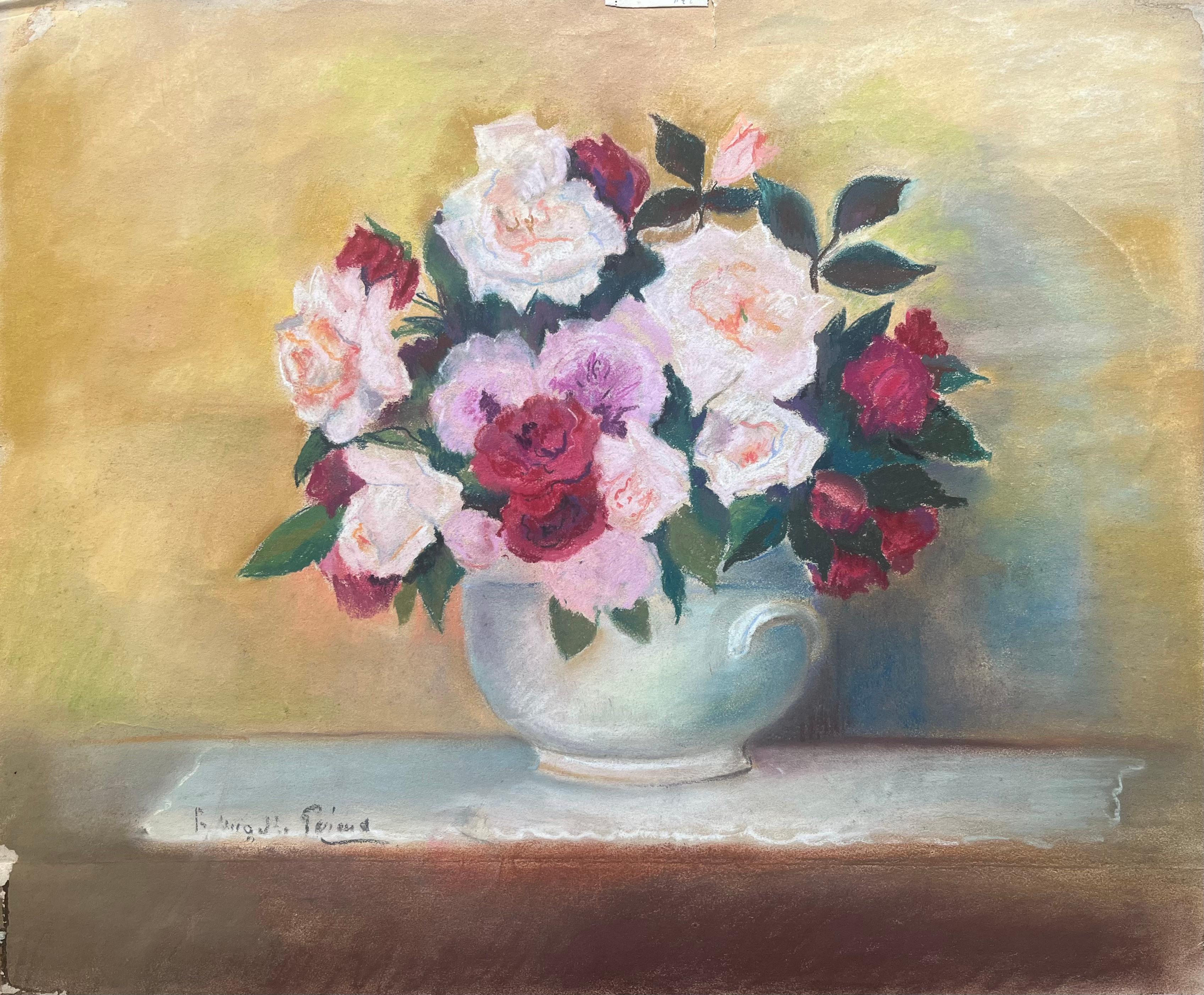 Landscape Painting di Anne Marie Migette Perard - Pastello post impressionista di rose rosa e rosse in un vaso della metà del XX secolo