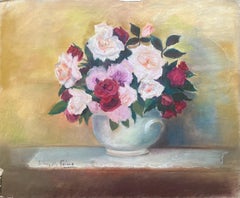Pastel postimpresionista de mediados del siglo XX de rosas rosas y rojas en un jarrón