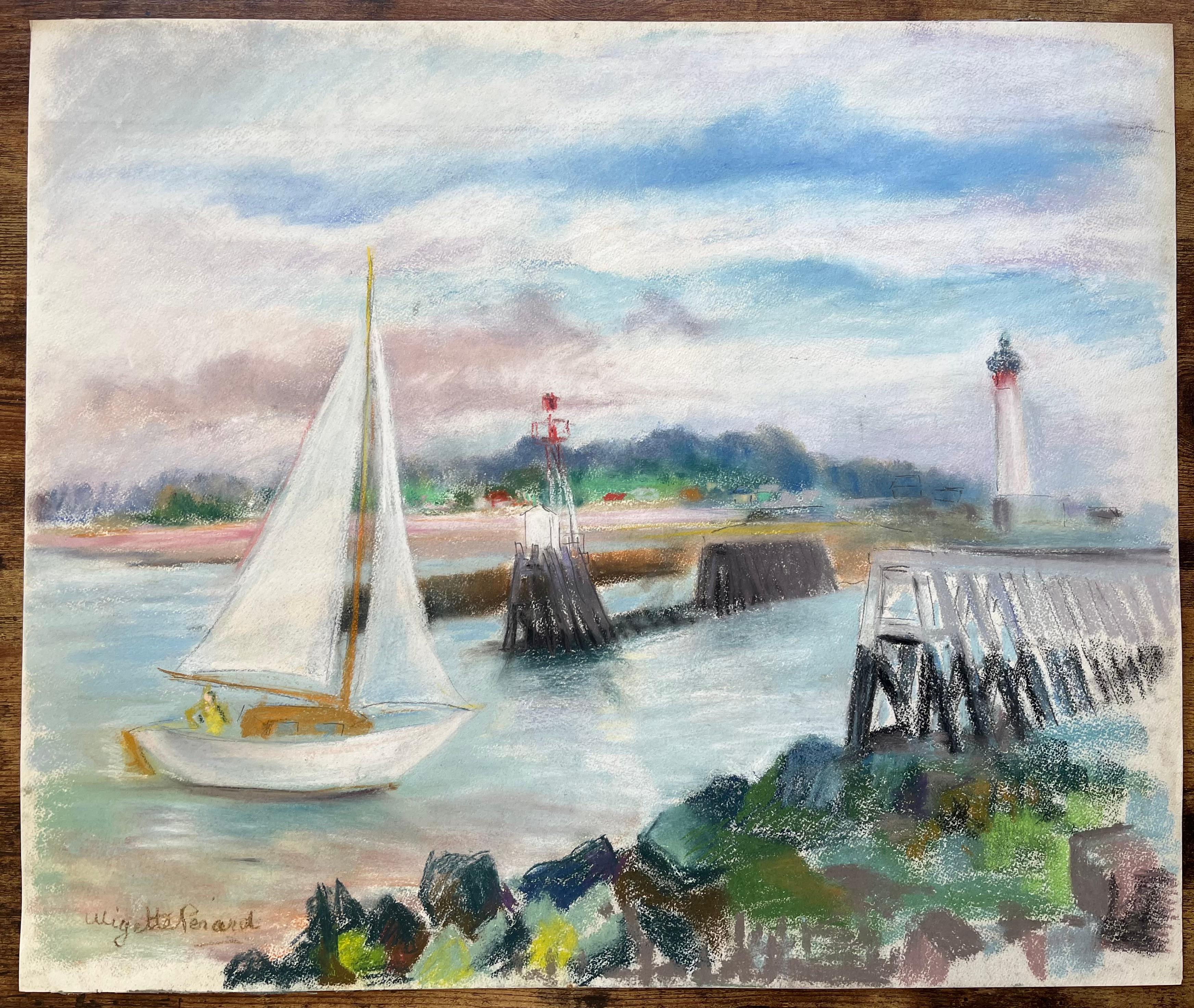 Pastello post-impressionista della metà del XX secolo raffigurante una barca a vela e un faro al porto - Painting di Anne Marie Migette Perard
