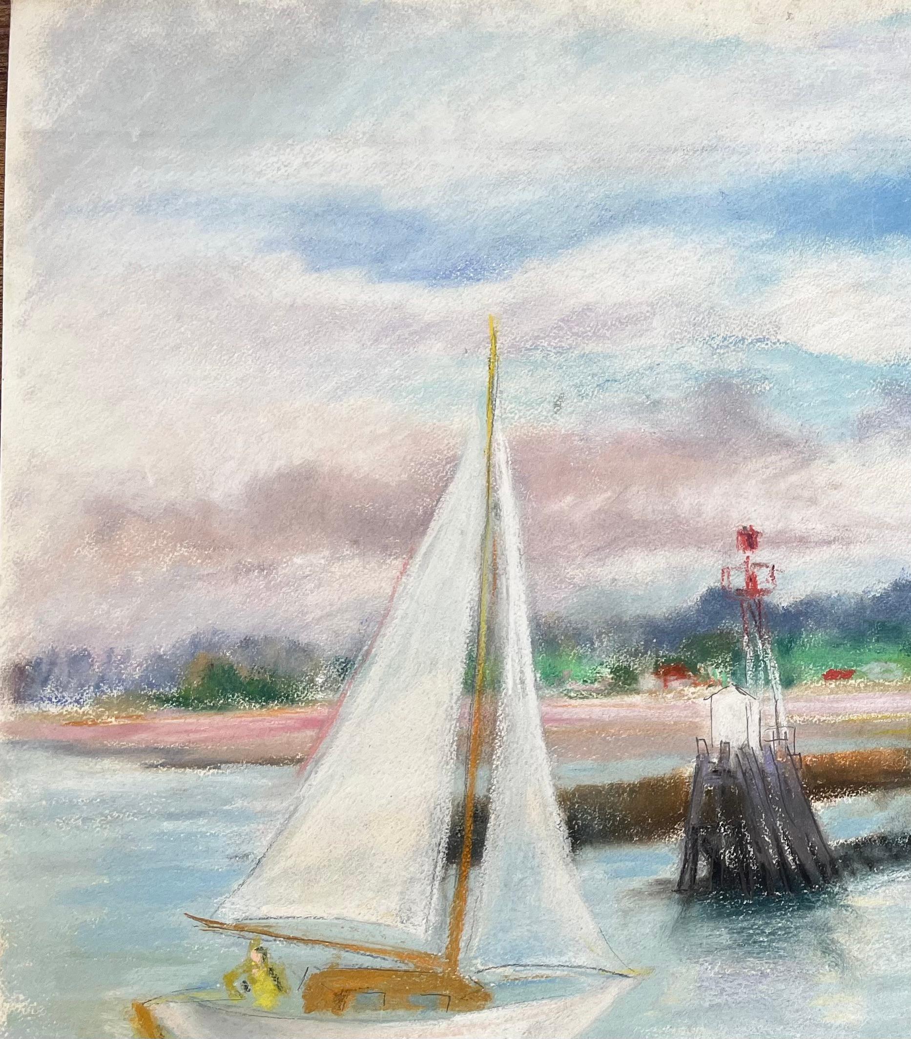 Pastello post-impressionista della metà del XX secolo raffigurante una barca a vela e un faro al porto in vendita 1