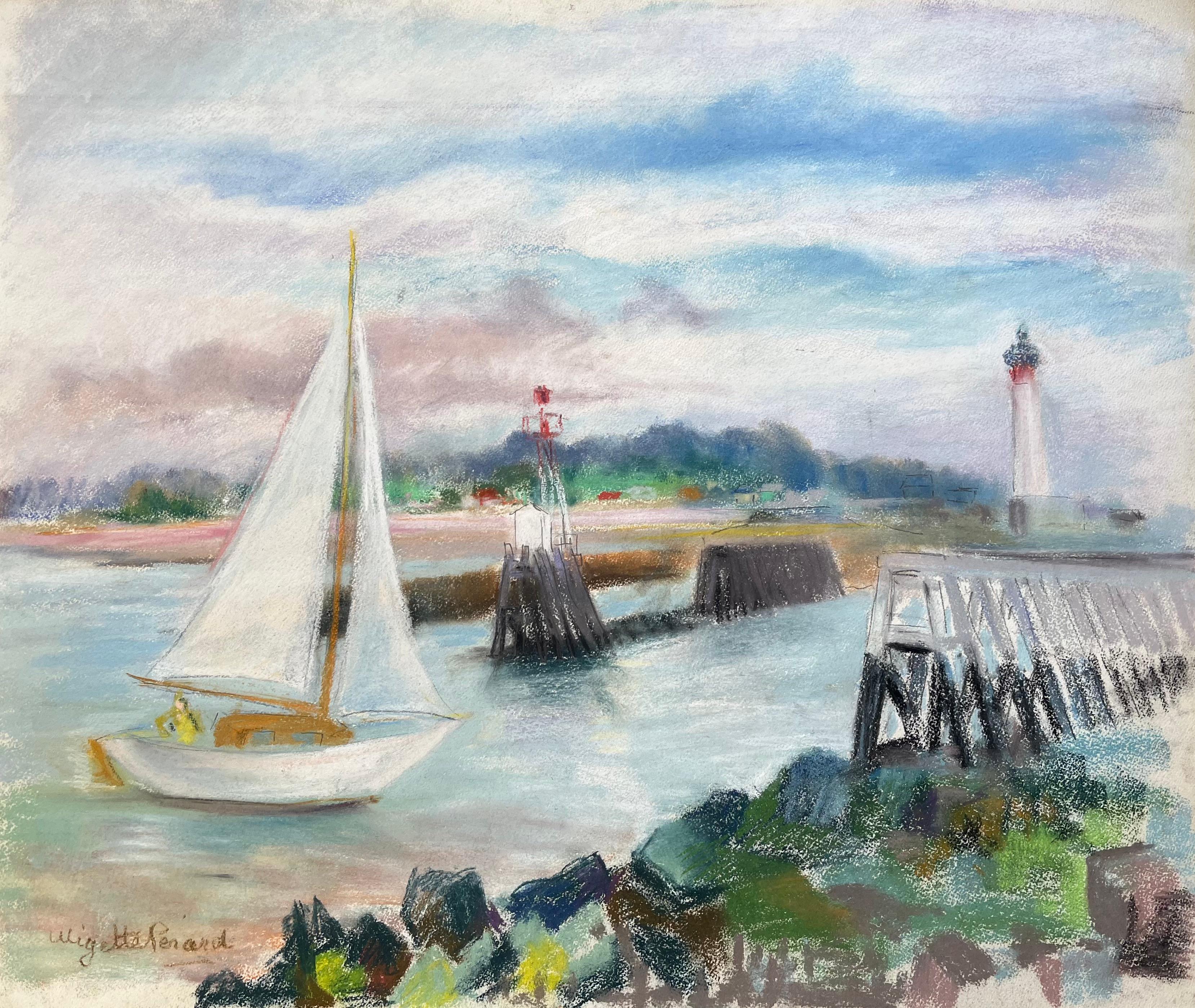 Landscape Painting di Anne Marie Migette Perard - Pastello post-impressionista della metà del XX secolo raffigurante una barca a vela e un faro al porto