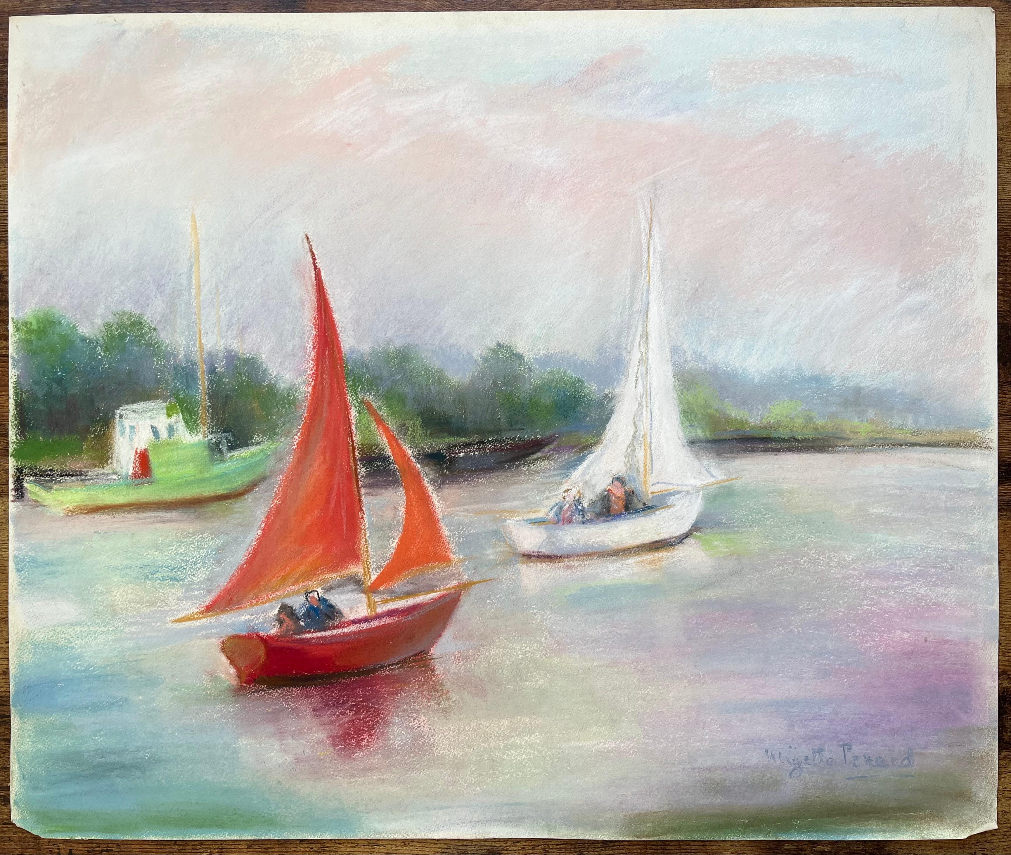 Pastel postimpresionista de mediados del siglo XX de veleros en un río tranquilo - Painting de Anne Marie Migette Perard
