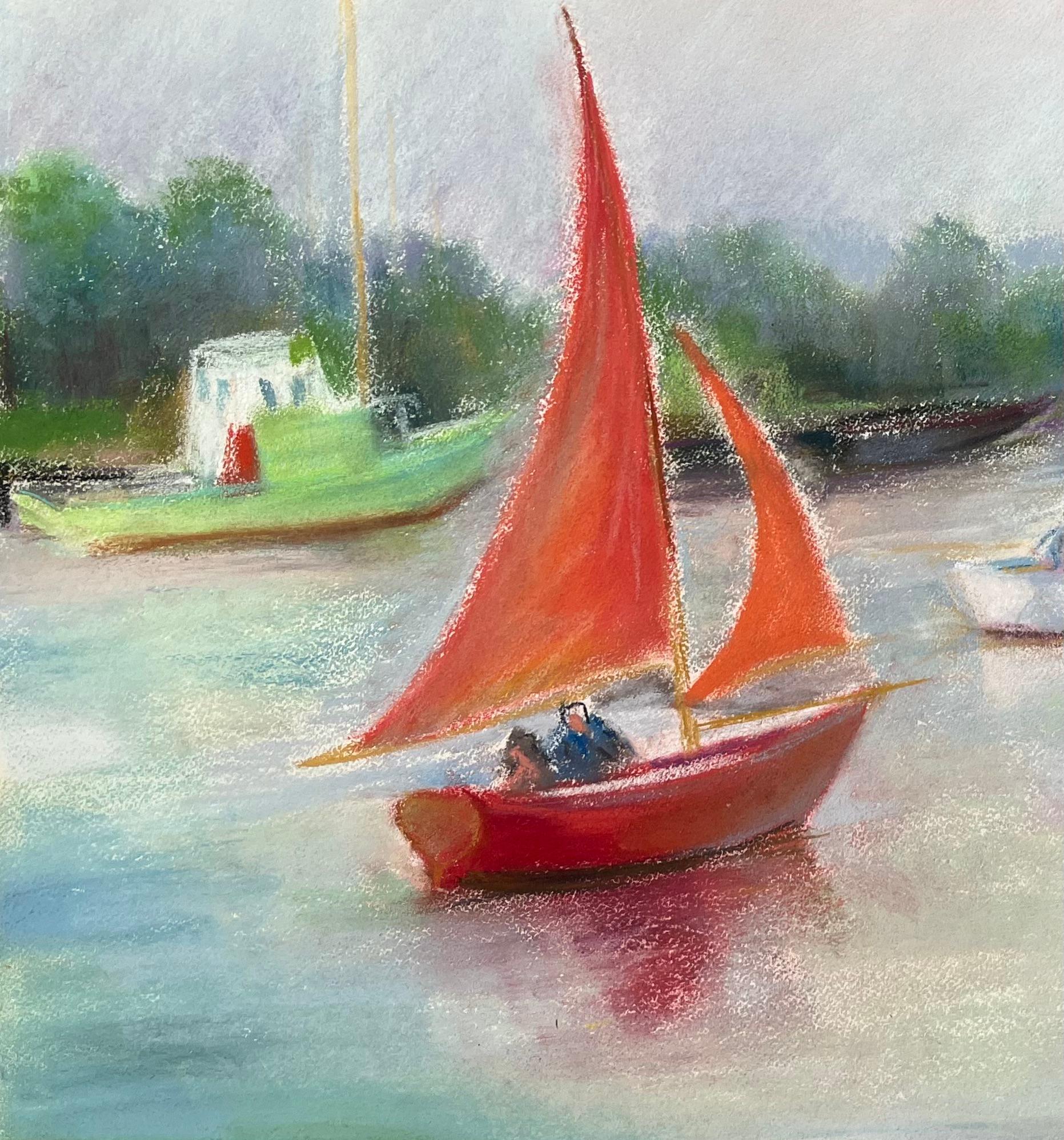 Pastel postimpresionista de mediados del siglo XX de veleros en un río tranquilo - Painting Posimpresionista de Anne Marie Migette Perard