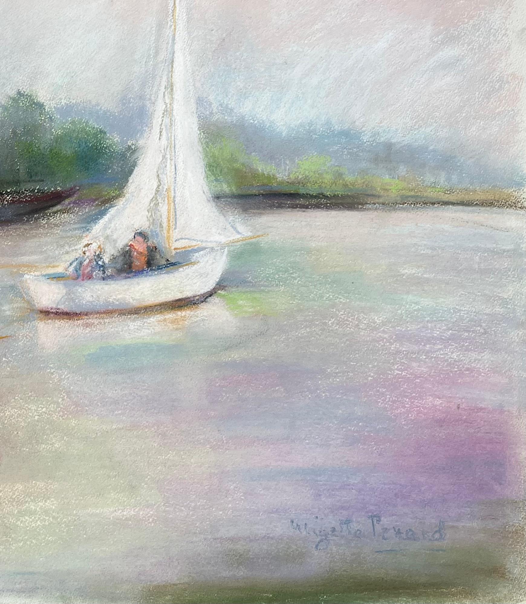 Pastel postimpresionista de mediados del siglo XX de veleros en un río tranquilo - Landscape Painting Gris de Anne Marie Migette Perard