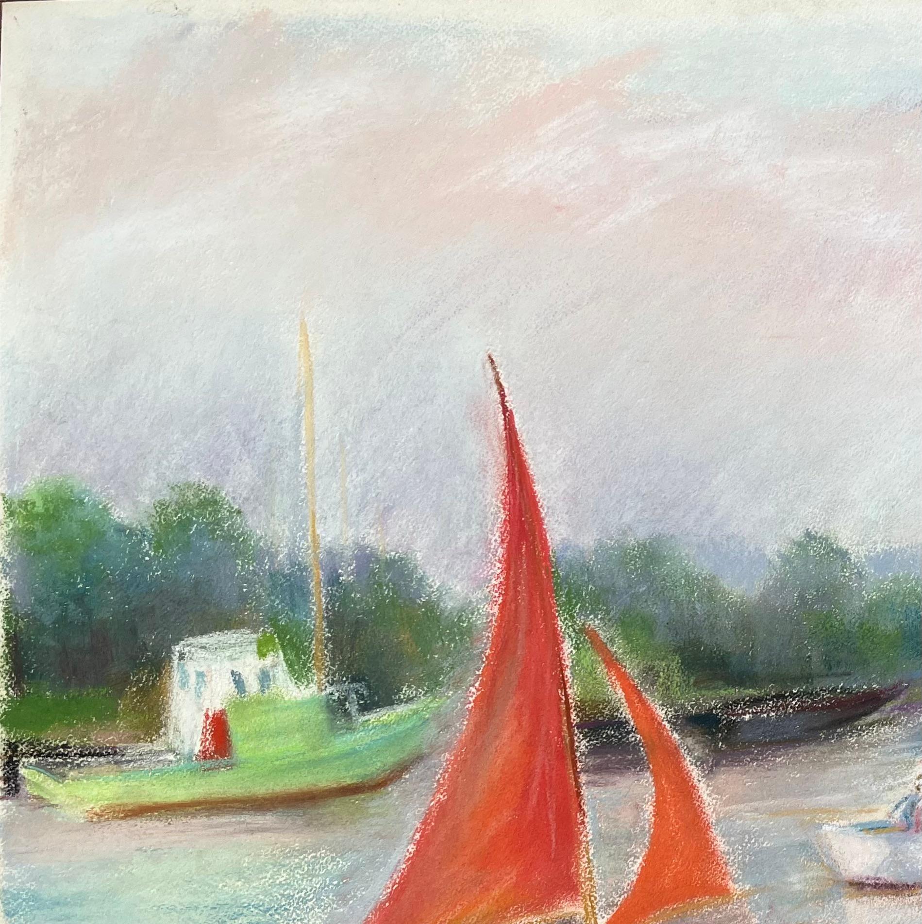 Pastel postimpresionista de mediados del siglo XX de veleros en un río tranquilo en venta 1