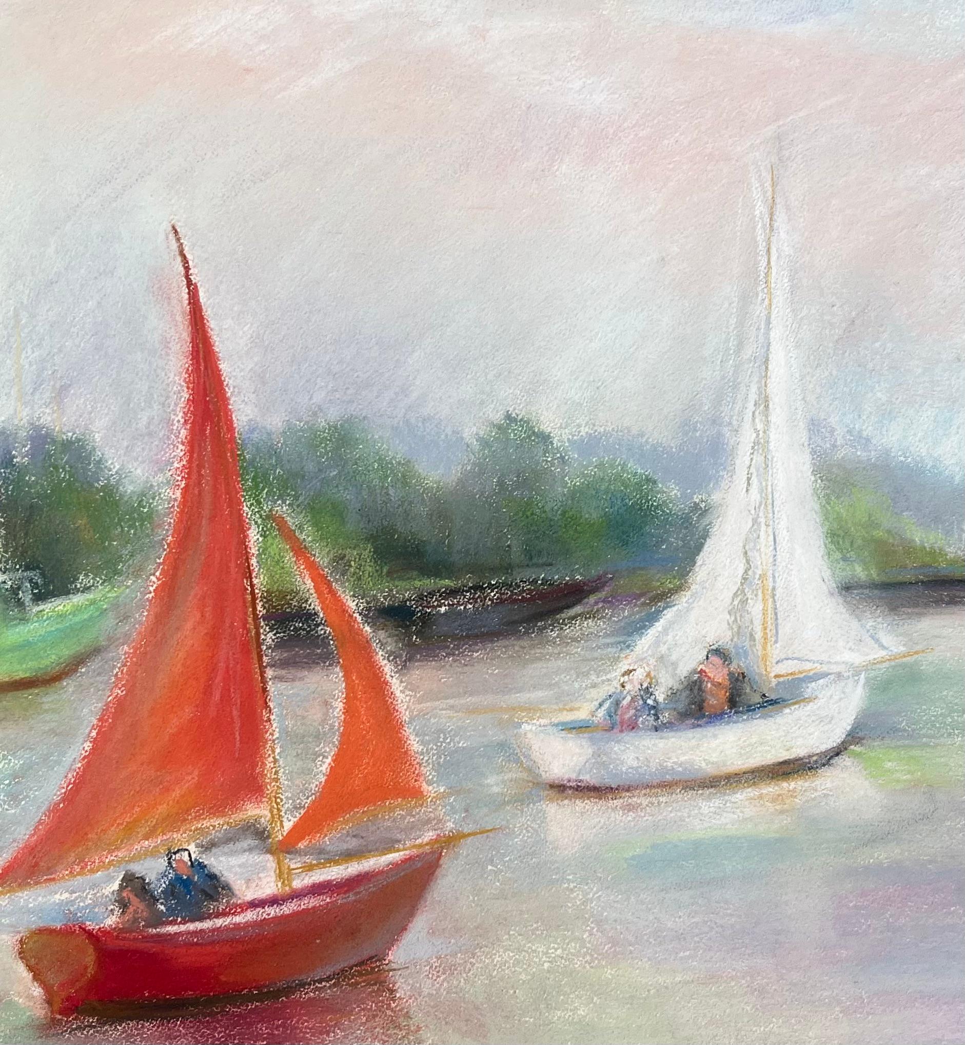 Pastel postimpresionista de mediados del siglo XX de veleros en un río tranquilo en venta 2