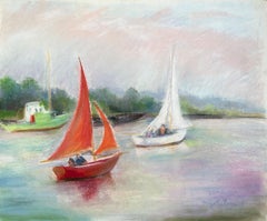 Mid-20th Century Post-Impressionist Pastel of Sailboats on a Calm River