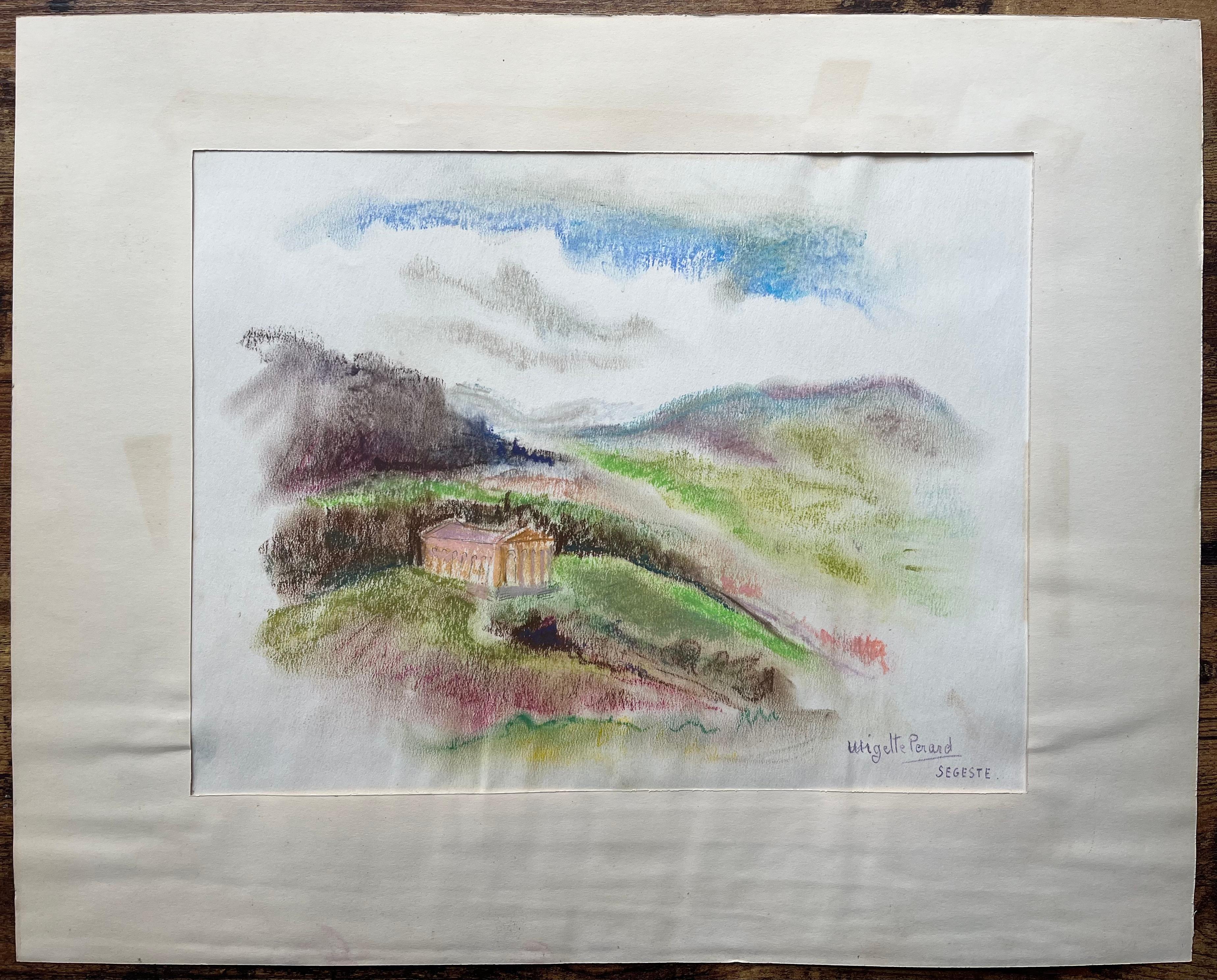 Pastel postimpresionista de mediados del siglo XX de un paisaje del templo de Segesta - Painting de Anne Marie Migette Perard