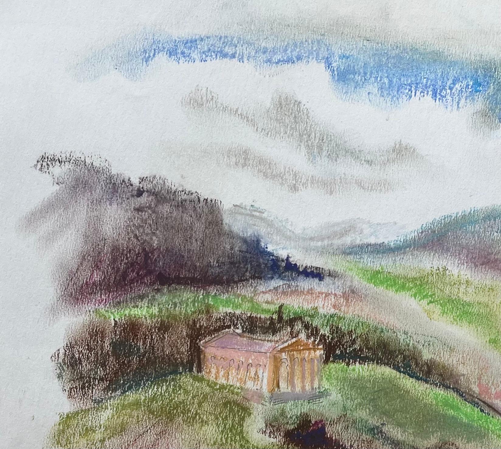 Pastel postimpresionista de mediados del siglo XX de un paisaje del templo de Segesta - Figurative Painting Gris de Anne Marie Migette Perard