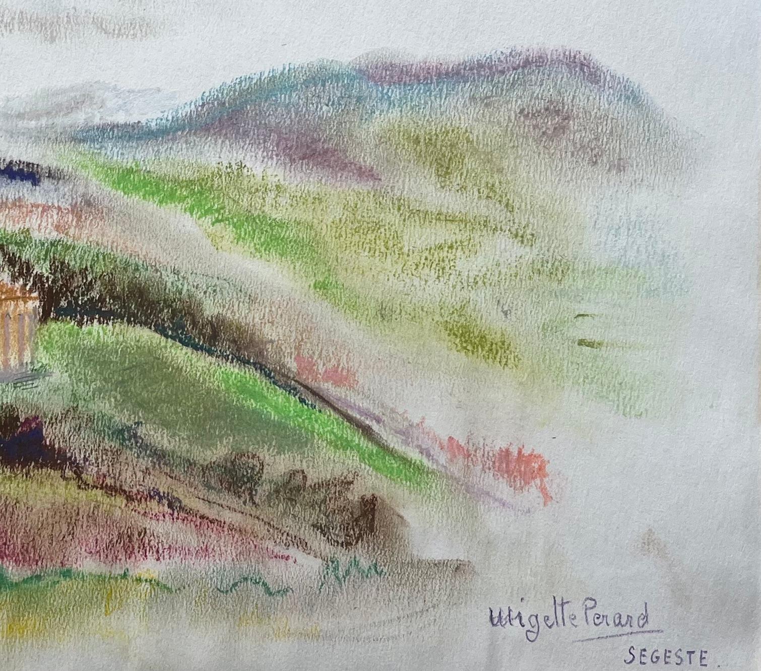 Título: Pastel postimpresionista de mediados del siglo XX de paisaje del templo de Segesta
de Anne Marie Migette Perard (francesa 1902-1977)
Firmado: Sí
Medio: Pastel sobre papel con montaje de papel 
Tamaño: 11,5 pulgadas (alto) x 14,25 pulgadas