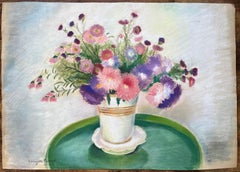 Vase blanc du milieu du 20e siècle, post-impressionniste Pastel of Wildflowers