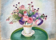 Pastello post-impressionista di fiori selvatici in vaso bianco della metà del XX secolo