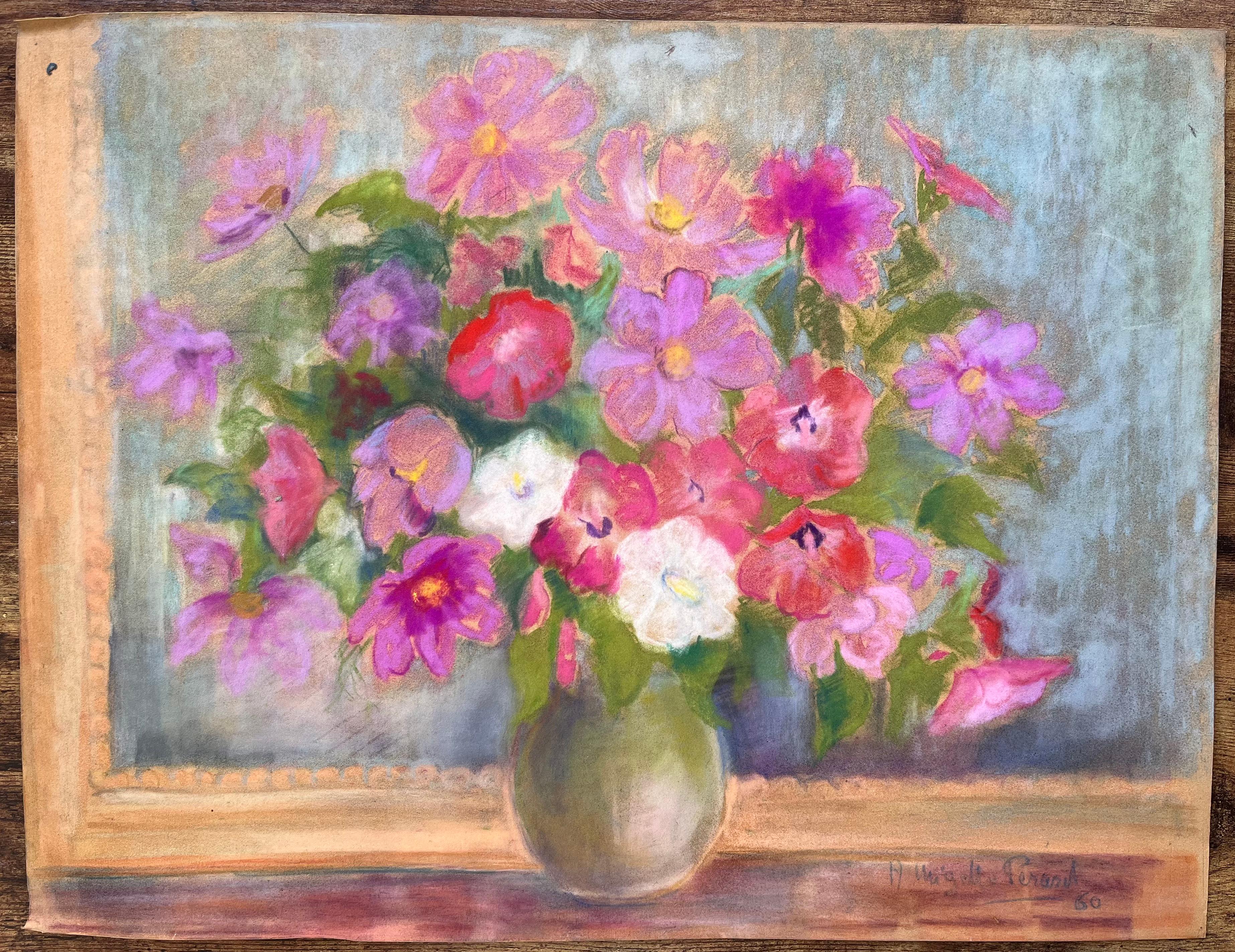 Natura morta di fiori selvatici in vaso, pastello post-impressionista della metà del XX secolo - Painting di Anne Marie Migette Perard